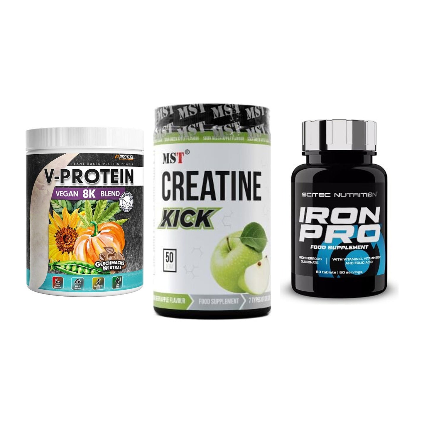 Pflanzliches Set: ProFuel V-Prote + MST Creatine + Scitec Iron Pro – alle enthaltenen Artikel