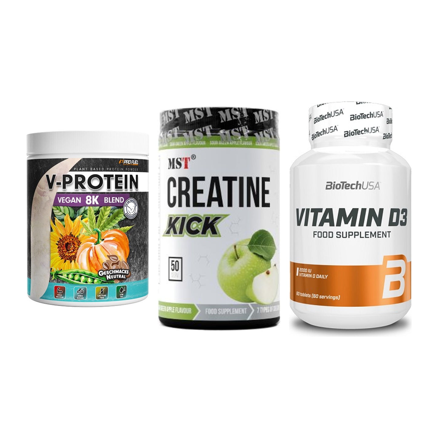 Pflanzliches Set: ProFuel V-Prote + MST Creatine + BioTech Vitamin – alle enthaltenen Artikel