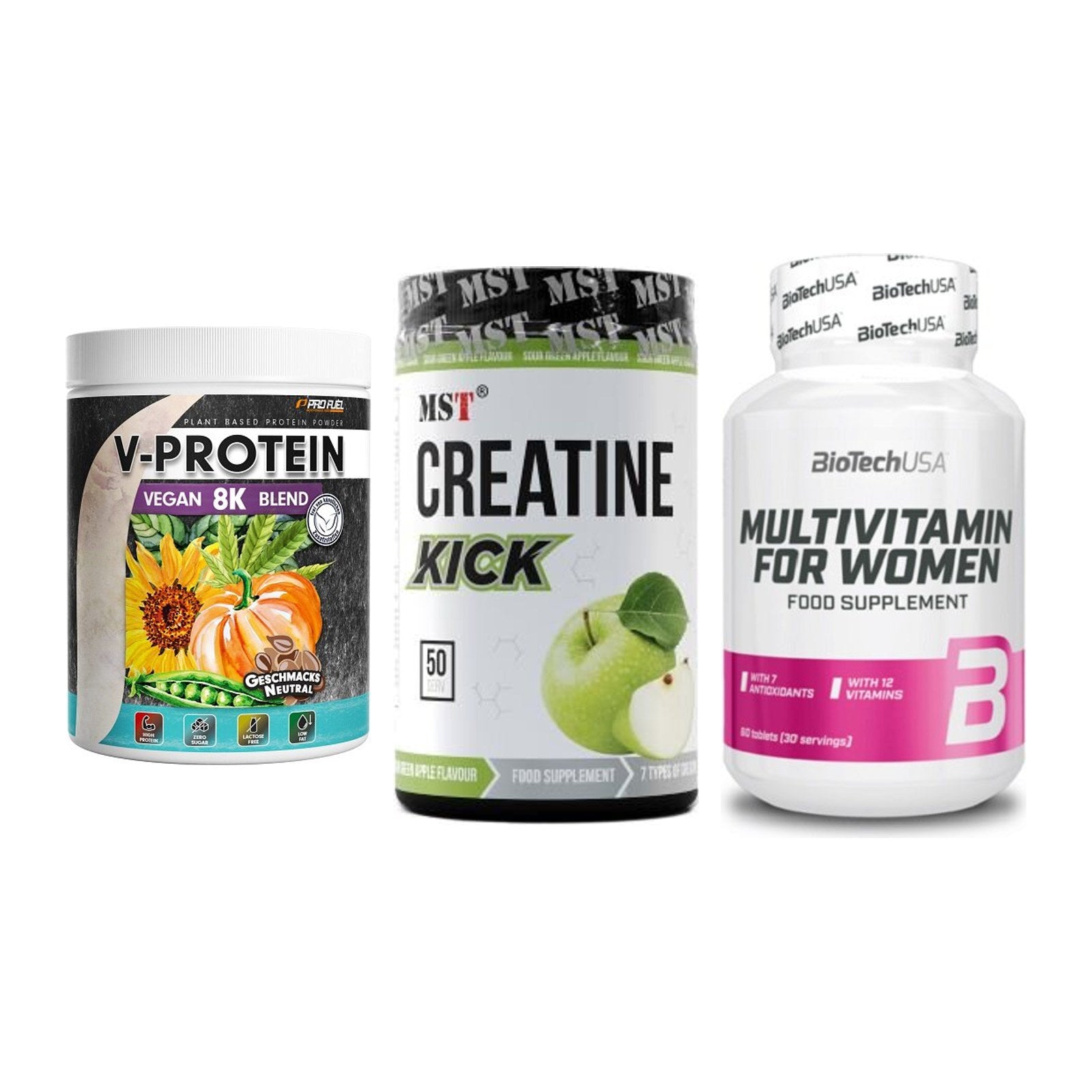 Pflanzliches Set: ProFuel V-Prote + MST Creatine + BioTech Multivi – alle enthaltenen Artikel