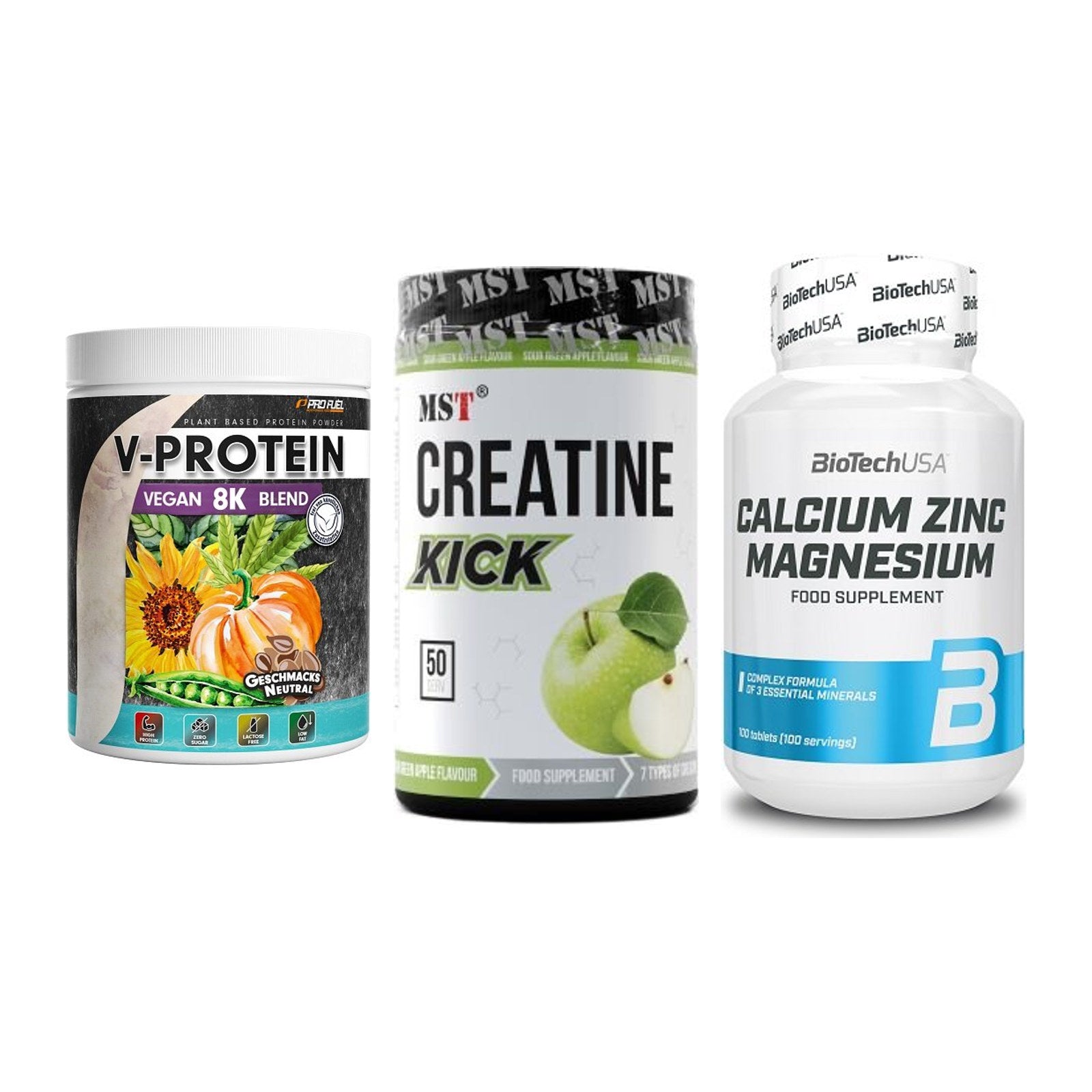 Pflanzliches Set: ProFuel V-Prote + MST Creatine + BioTech Calcium – alle enthaltenen Artikel