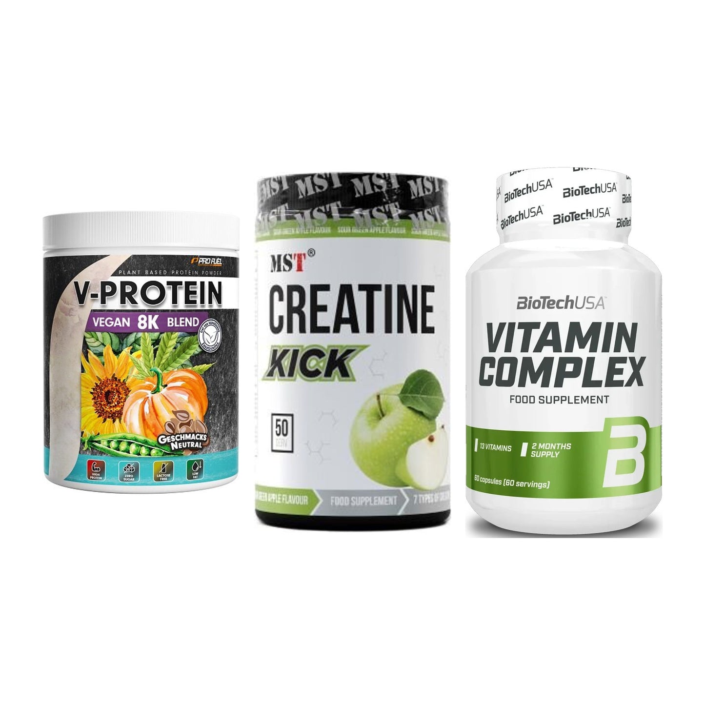 Pflanzliches Set: ProFuel V-Prote + MST Creatine + BioTech Vitamin – alle enthaltenen Artikel