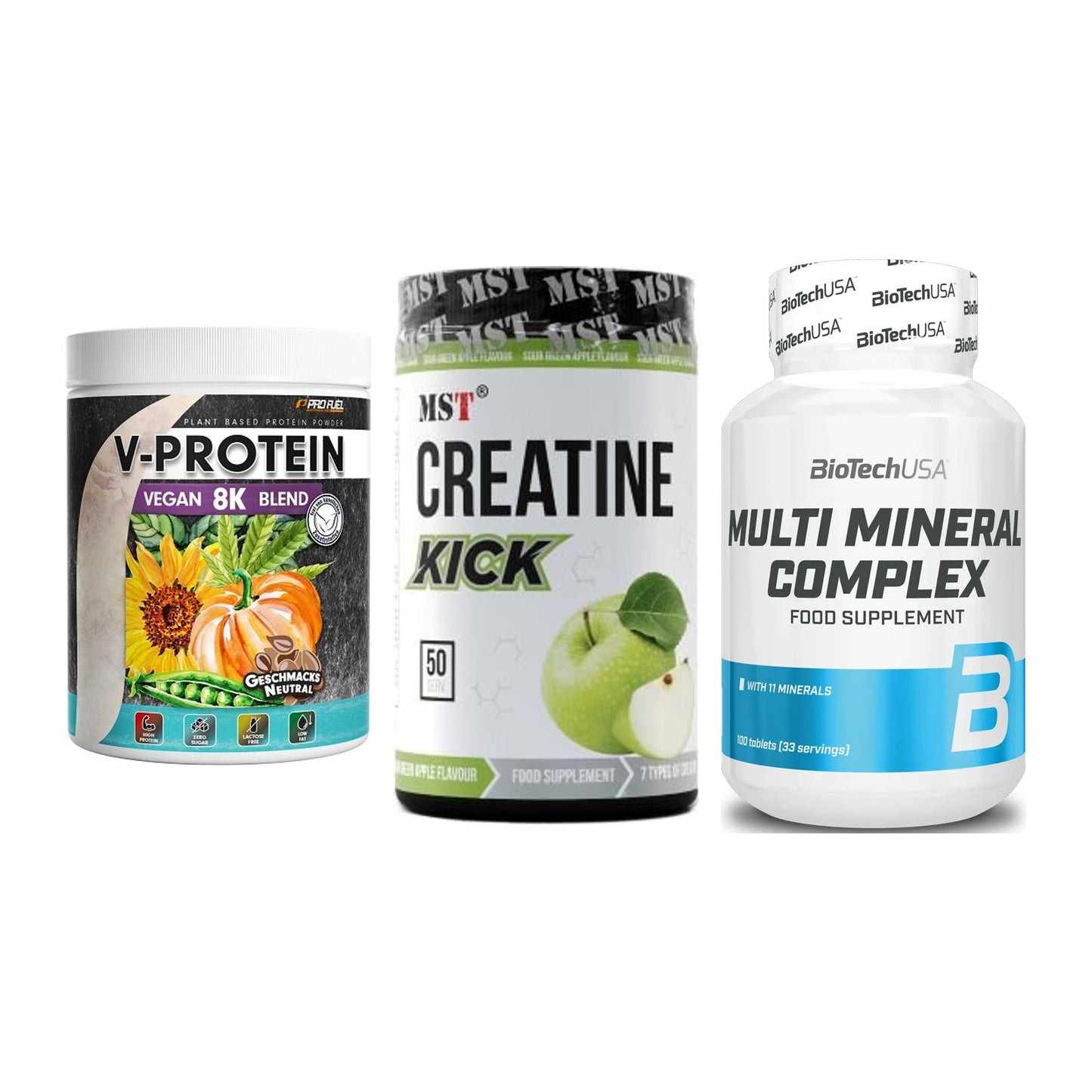 Pflanzliches Set: ProFuel V-Prote + MST Creatine + BioTech Multi – alle enthaltenen Artikel