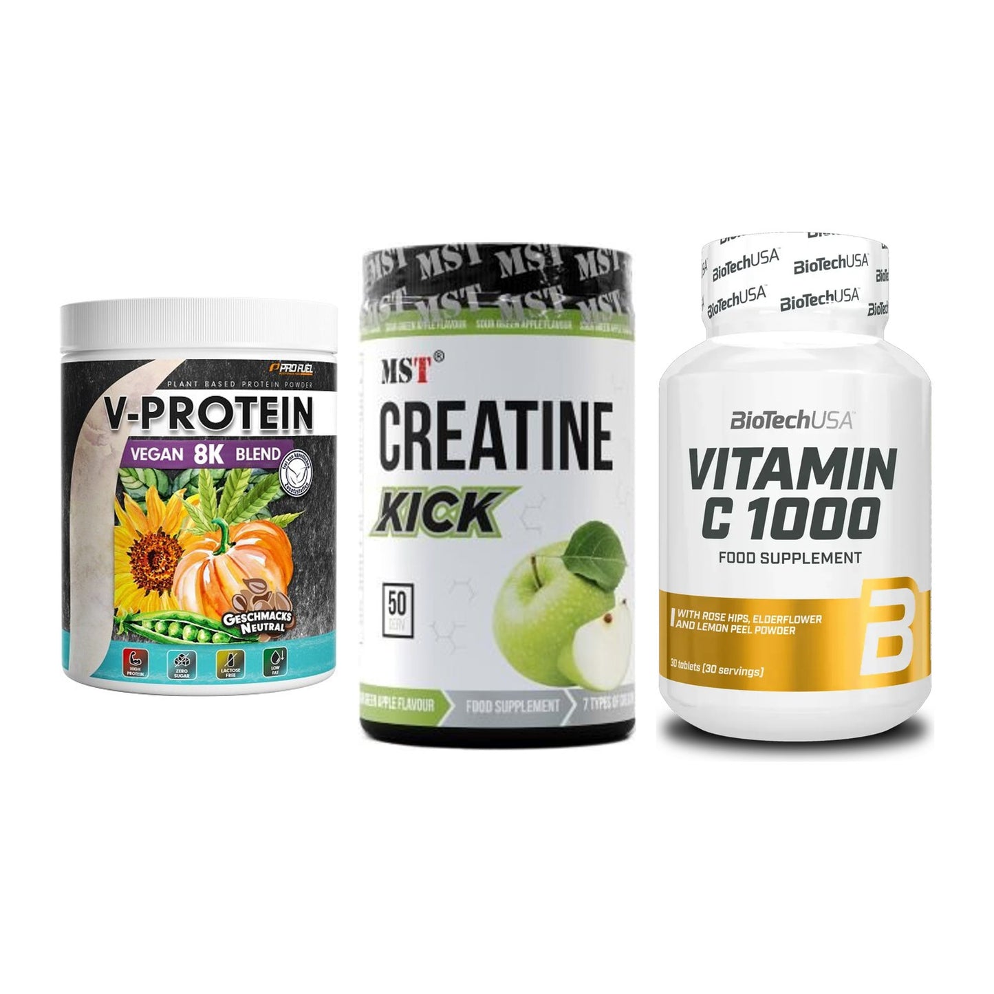 Pflanzliches Set: ProFuel V-Prote + MST Creatine + BioTech Vitamin – alle enthaltenen Artikel
