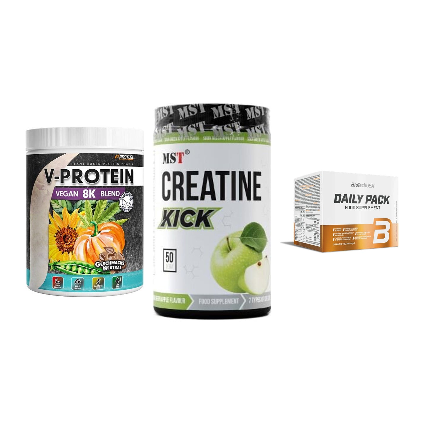Pflanzliches Set: ProFuel V-Prote + MST Creatine + BioTech Daily – alle enthaltenen Artikel