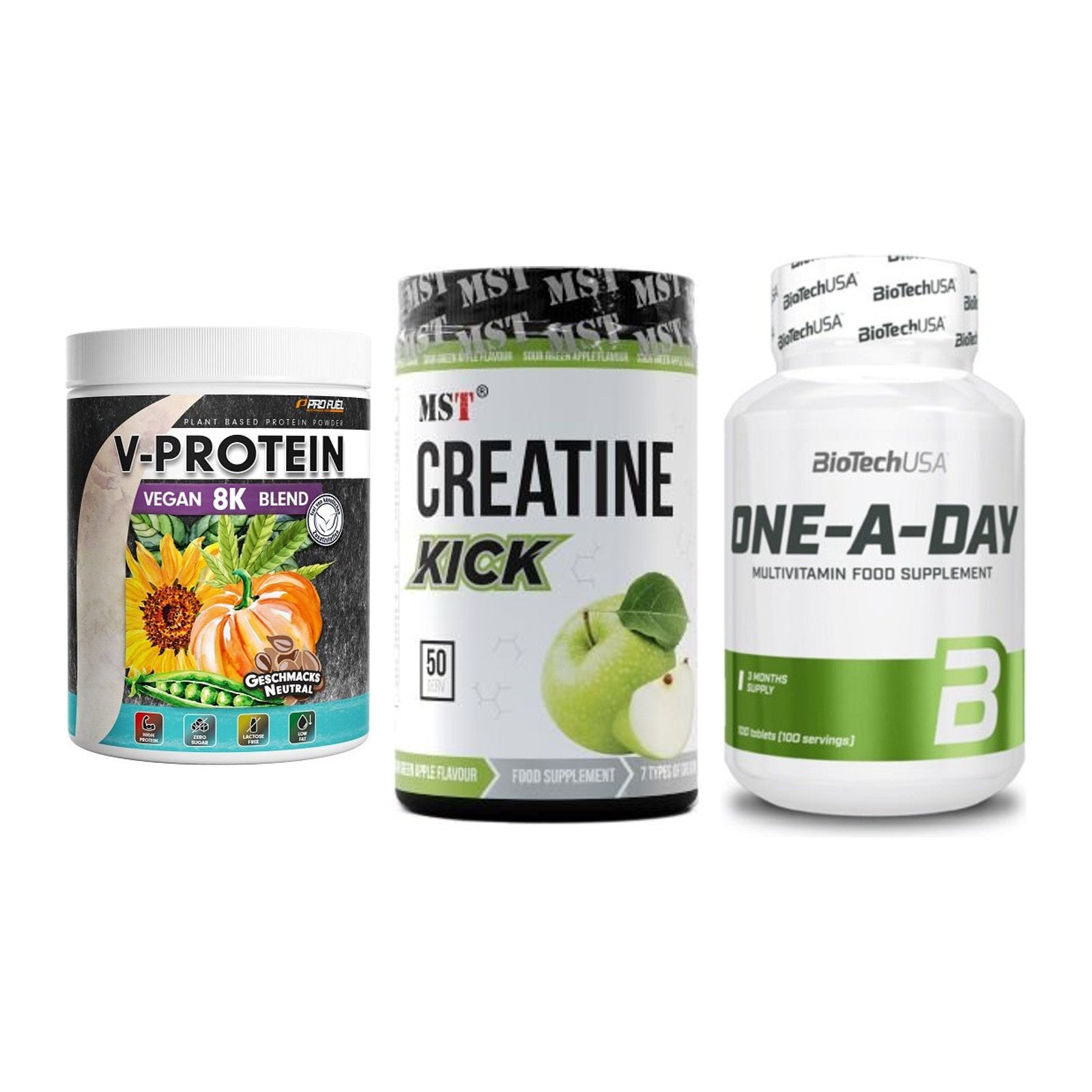 Pflanzliches Set: ProFuel V-Prote + MST Creatine + BioTech One A – alle enthaltenen Artikel