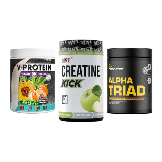 Pflanzliches Set: ProFuel V-Prote + MST Creatine + Dedicated Alpha – alle enthaltenen Artikel