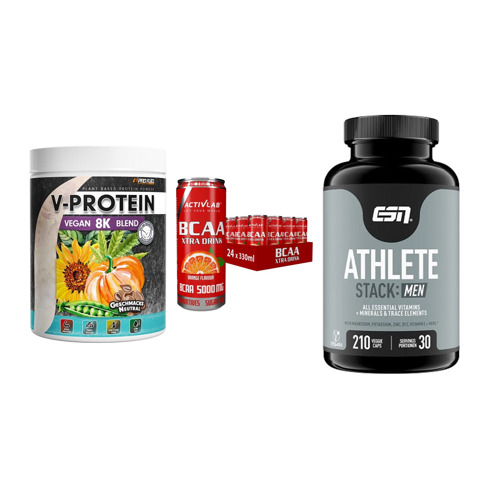 Pflanzliches Set: ProFuel V-Prote + Activlab BCAA + ESN Athlete – alle enthaltenen Artikel