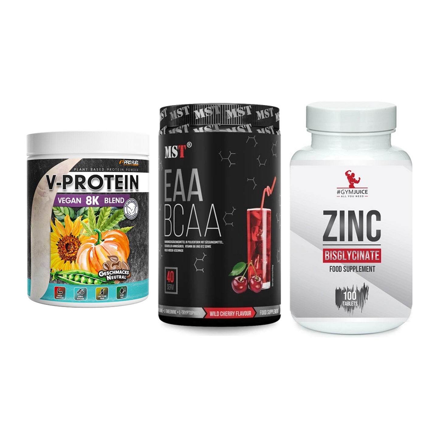 Pflanzliches Set: ProFuel V-Prote + MST EAA & BCAA + #GYMJUICE ZINC – alle enthaltenen Artikel