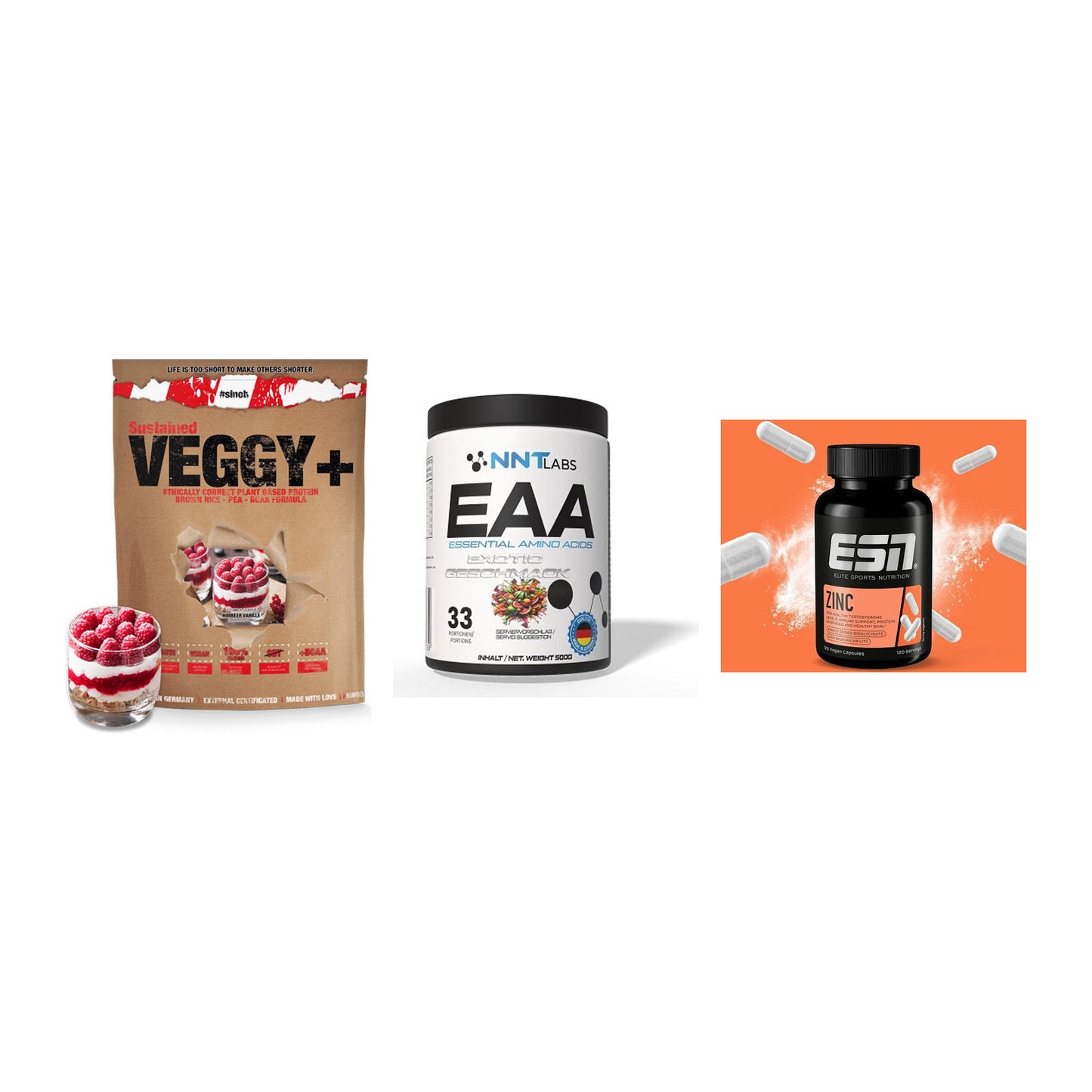 Pflanzliches Set: Sinob VEGGY + VEGAN PROTEIN + NNT EAA + ESN Zinc – alle enthaltenen Artikel