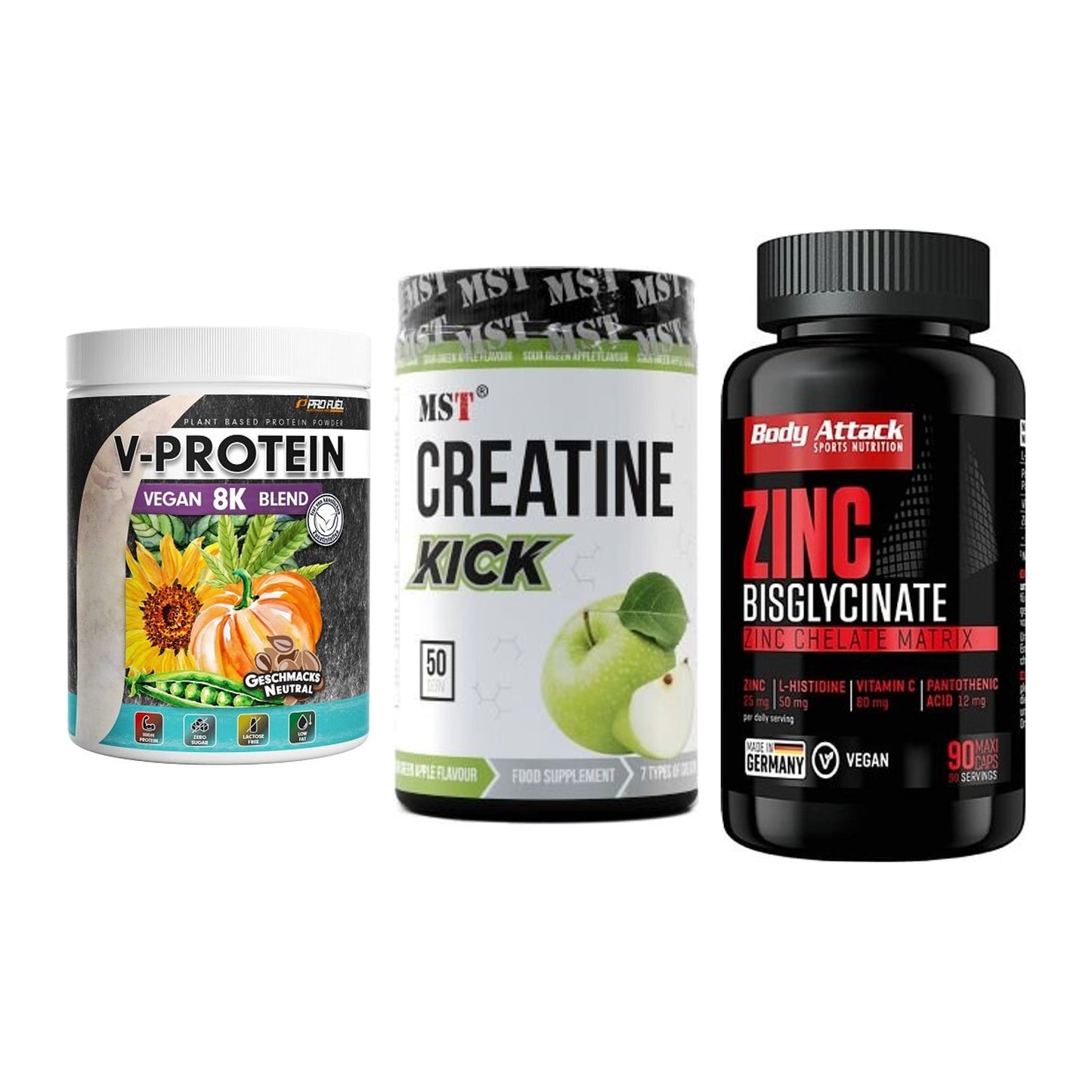 Pflanzliches Set: ProFuel V-Prote + MST Creatine + Body Attack – alle enthaltenen Artikel