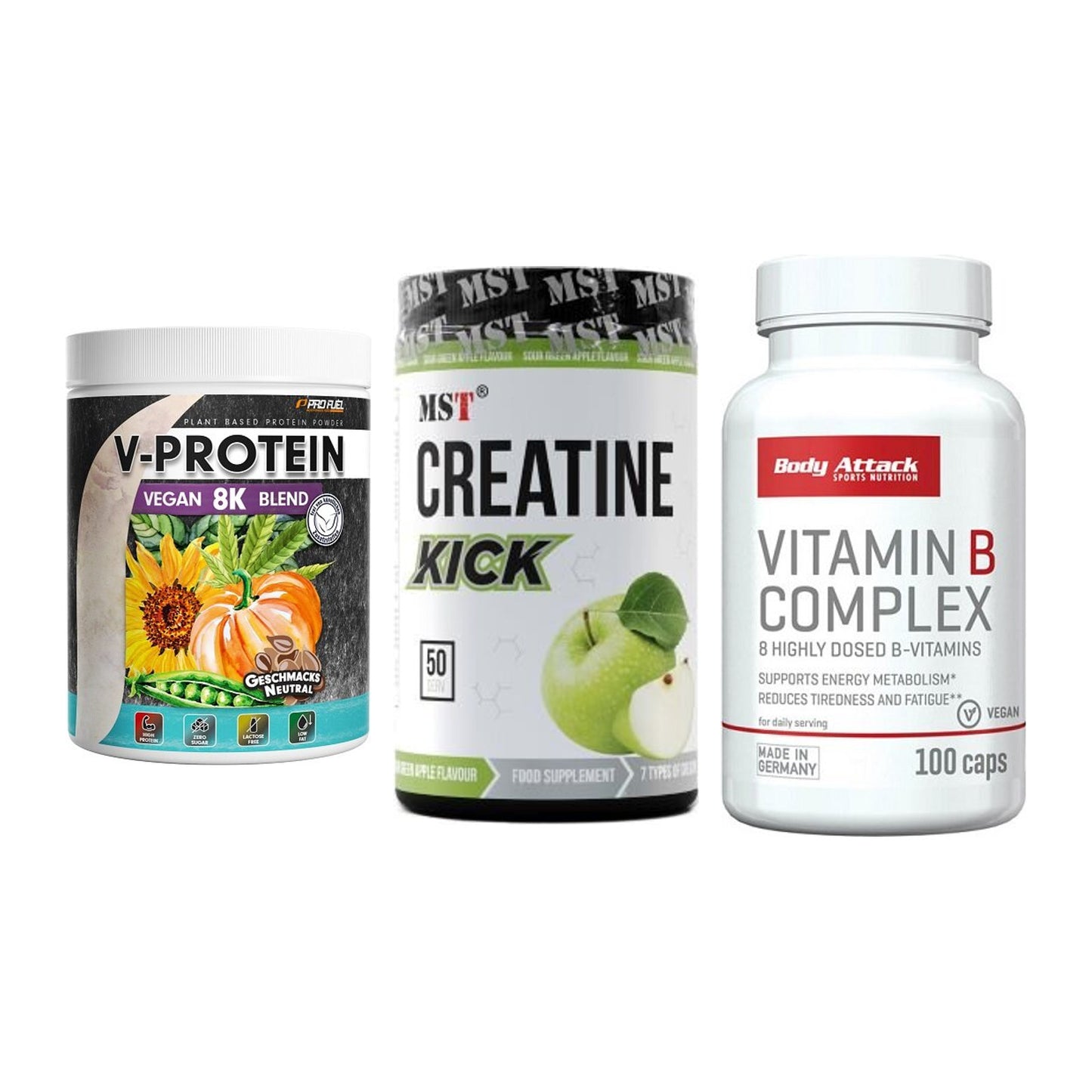 Pflanzliches Set: ProFuel V-Prote + MST Creatine + Body Attack – alle enthaltenen Artikel