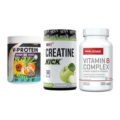 Pflanzliches Set: ProFuel V-Prote + MST Creatine + Body Attack – alle enthaltenen Artikel