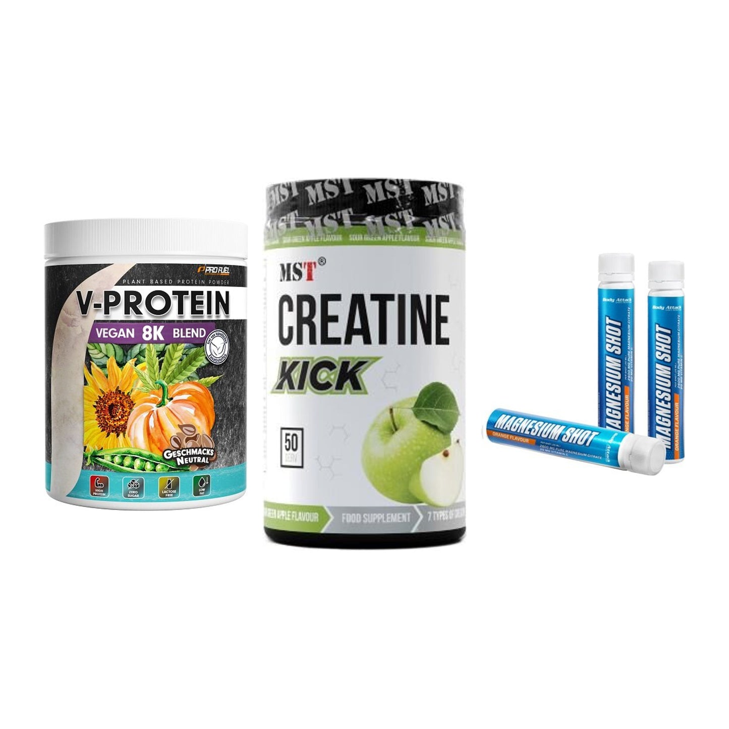 Pflanzliches Set: ProFuel V-Prote + MST Creatine + Body Attack – alle enthaltenen Artikel