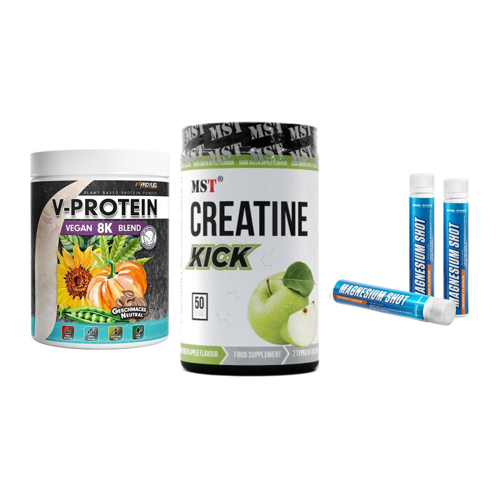 Pflanzliches Set: ProFuel V-Prote + MST Creatine + Body Attack – alle enthaltenen Artikel