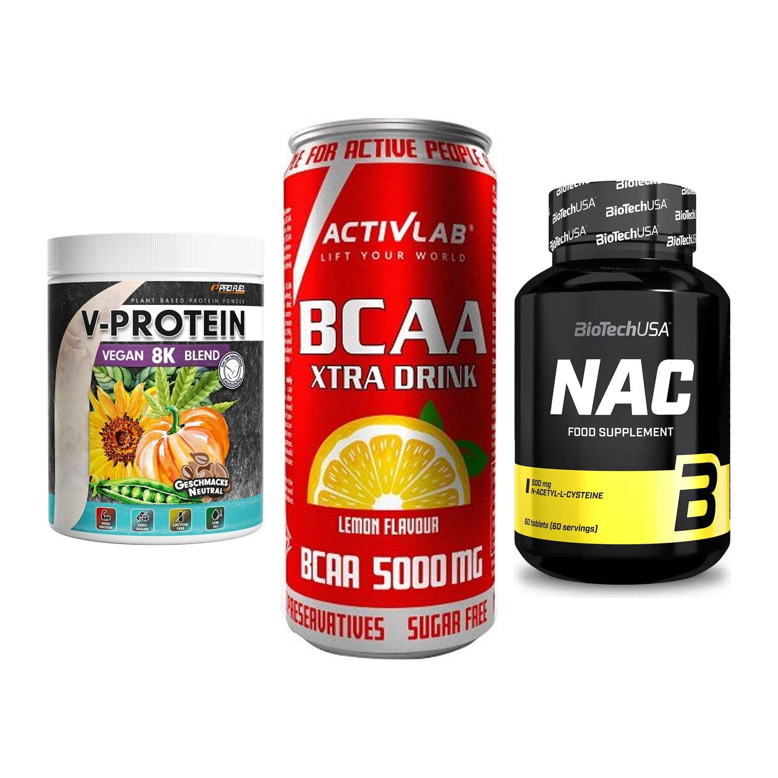 Pflanzliches Set: ProFuel V-Prote + Activlab BCAA + BioTech NAC – alle enthaltenen Artikel