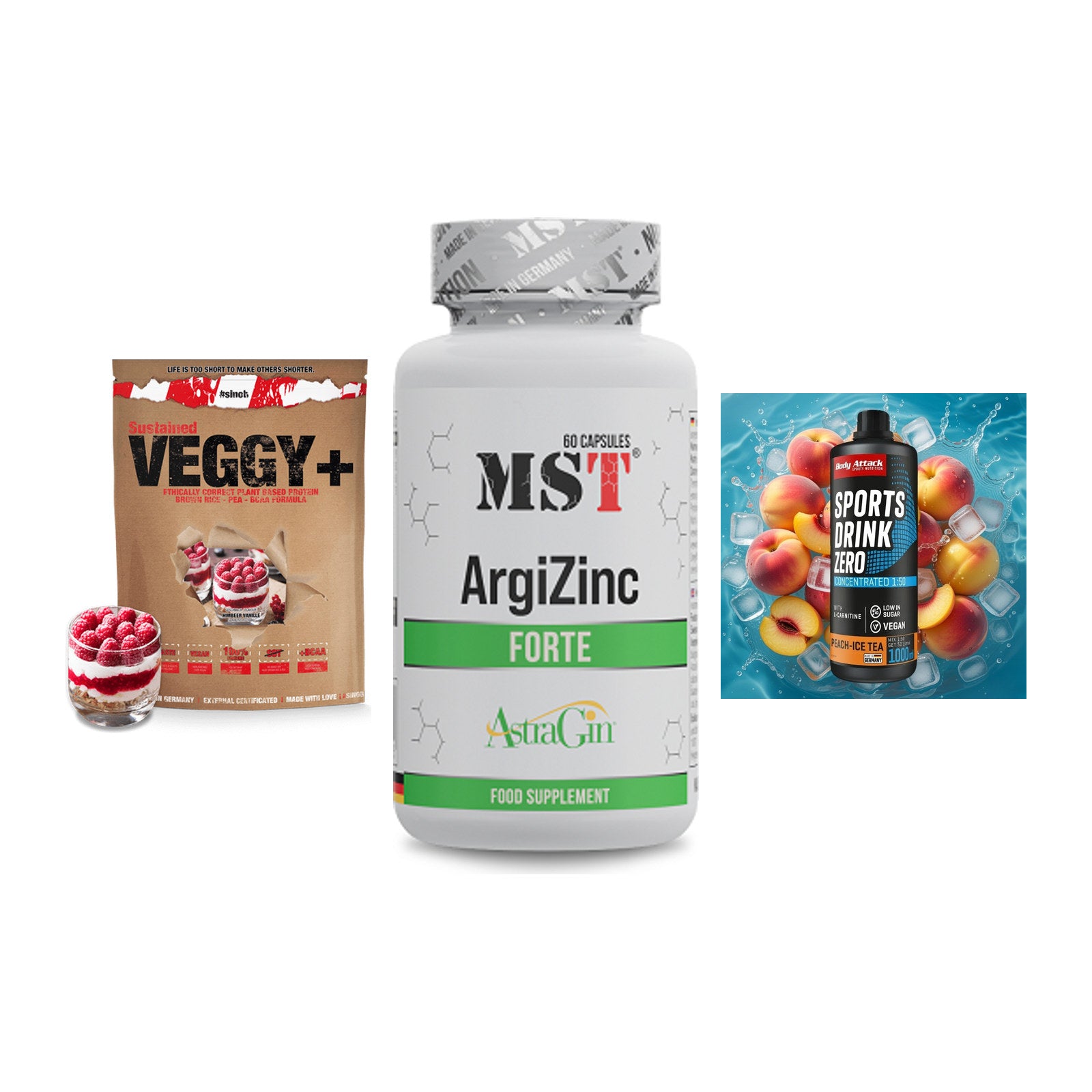 Pflanzliches Set: Sinob VEGGY + MST ArgiZinc + Body Attack – alle enthaltenen Artikel