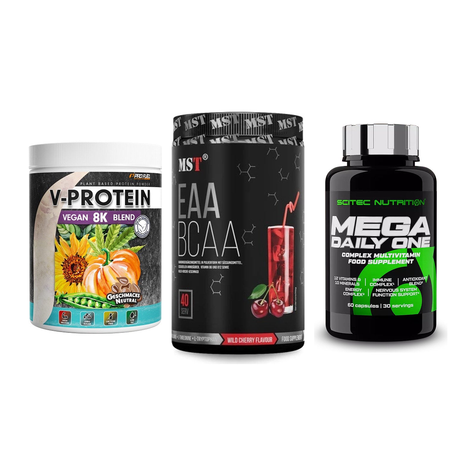 Pflanzliches Set: ProFuel V-Prote + MST EAA & BCAA + Scitec Mega – alle enthaltenen Artikel