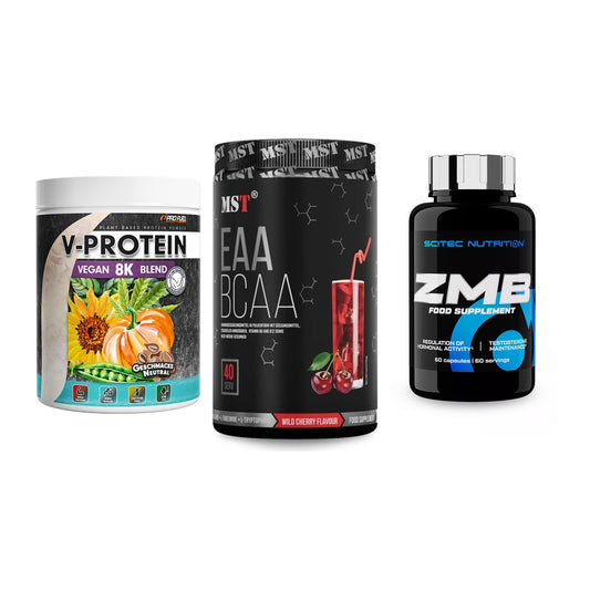 Pflanzliches Set: ProFuel V-Prote + MST EAA & BCAA + Scitec ZMB – alle enthaltenen Artikel
