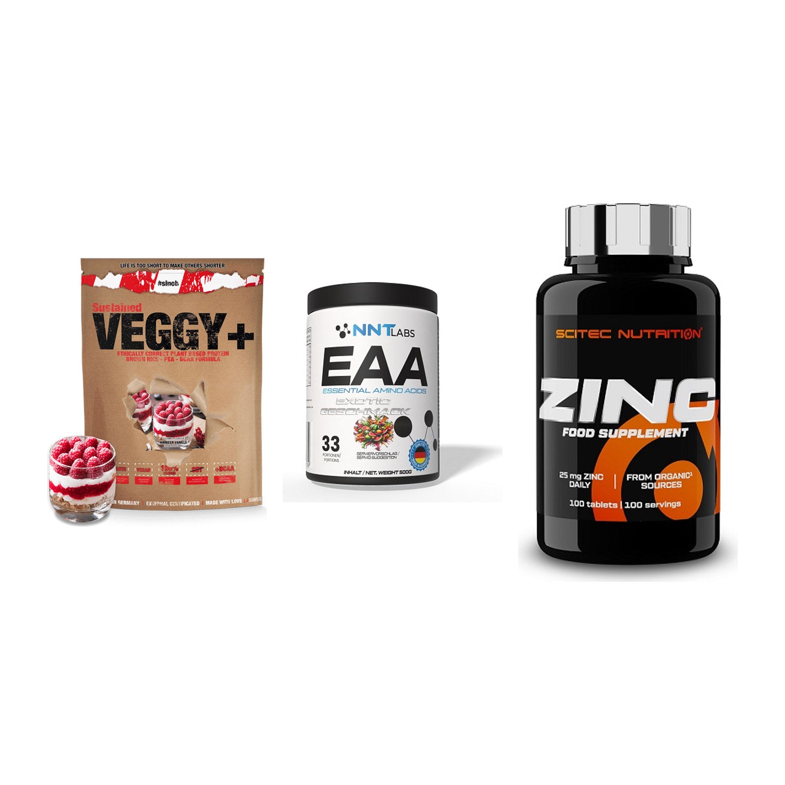 Pflanzliches Set: Sinob VEGGY + VEGAN PROTEIN + NNT EAA + Scitec Zinc – alle enthaltenen Artikel