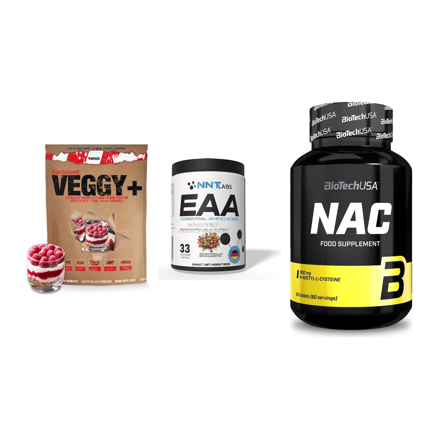 Pflanzliches Set: Sinob VEGGY + VEGAN PROTEIN + NNT EAA + BioTech NAC – alle enthaltenen Artikel