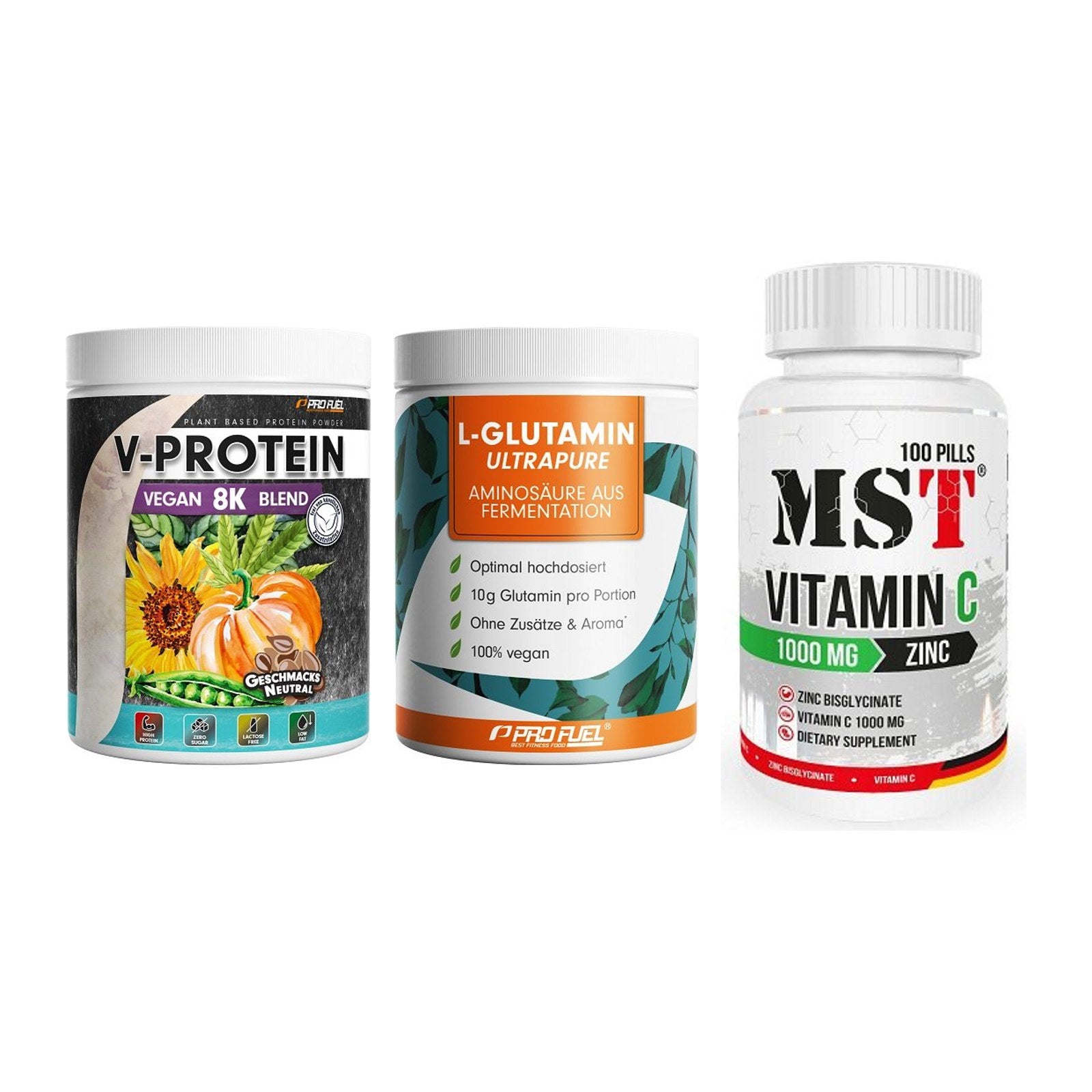 Pflanzliches Set: ProFuel V-Prote + ProFuel Glutami + MST Vitamin C – alle enthaltenen Artikel
