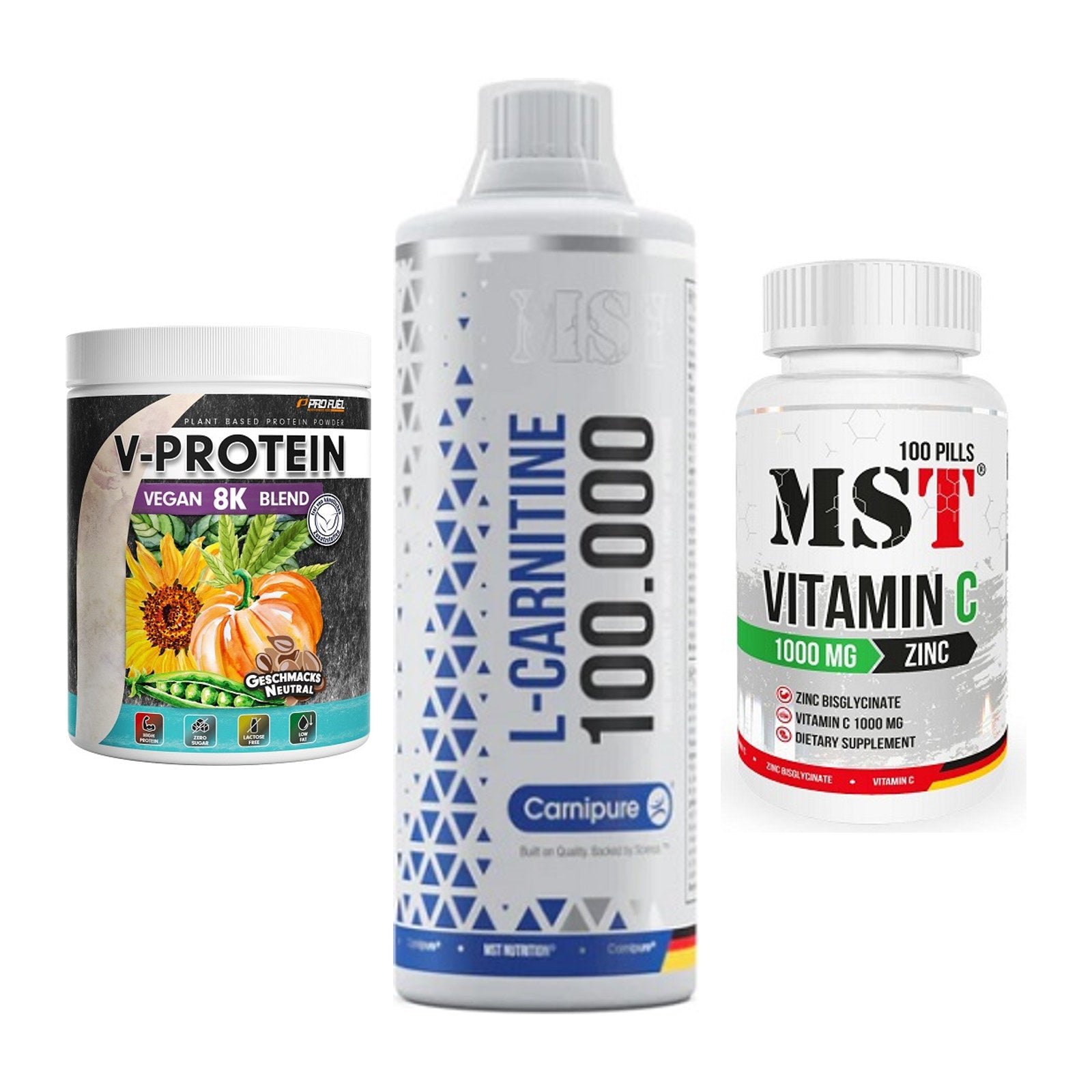 Pflanzliches Set: ProFuel V-Prote + MST L-Carnitine + MST Vitamin C – alle enthaltenen Artikel