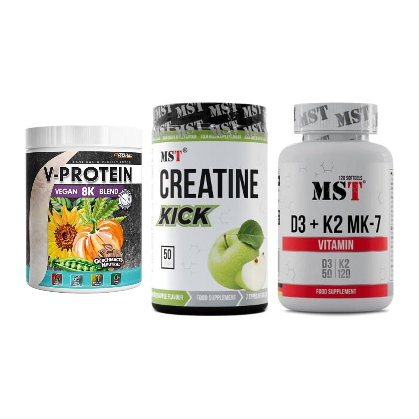 Pflanzliches Set: ProFuel V-Prote + MST Creatine + MST Vitamin D3 – alle enthaltenen Artikel