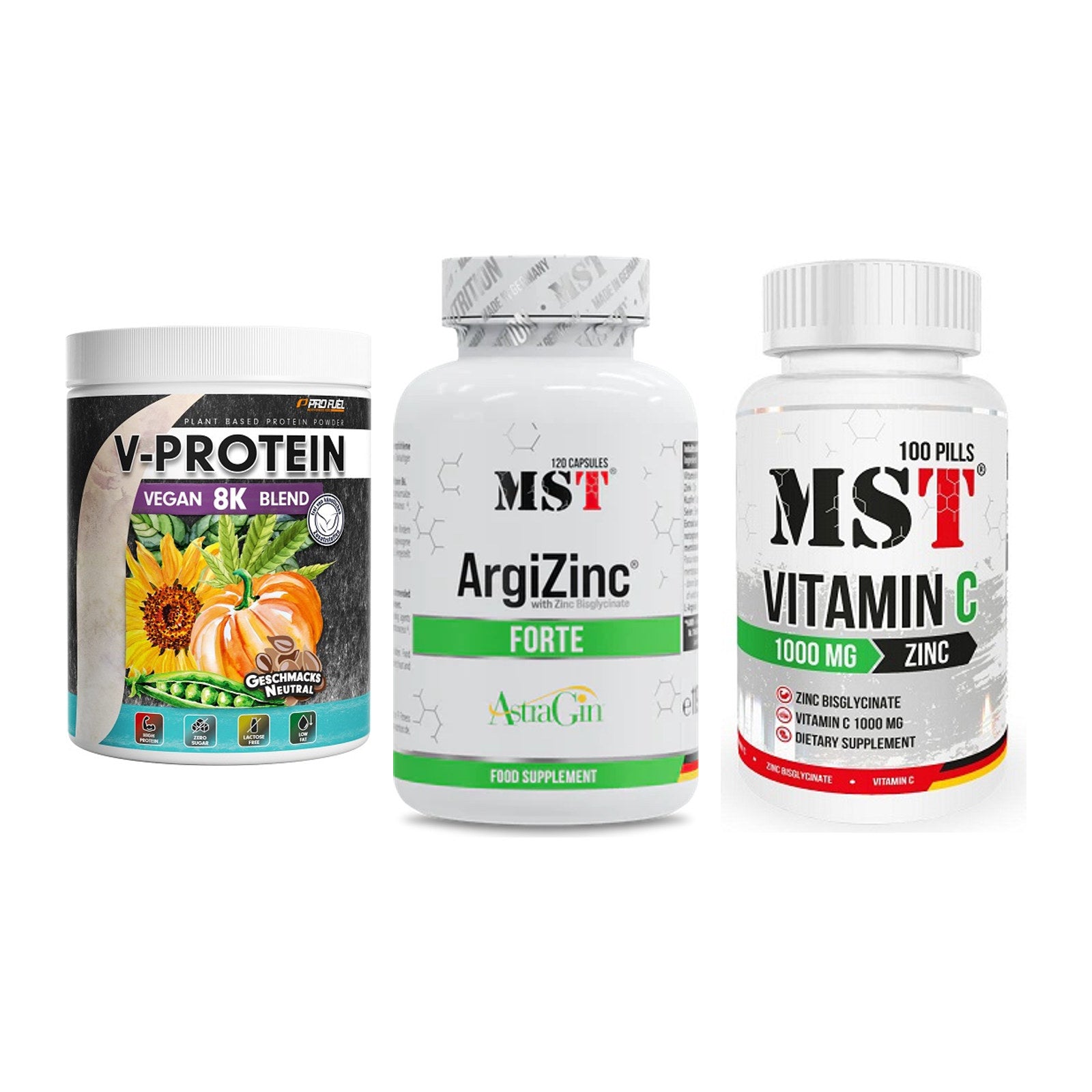Pflanzliches Set: ProFuel V-Prote + MST ArgiZinc + MST Vitamin C – alle enthaltenen Artikel