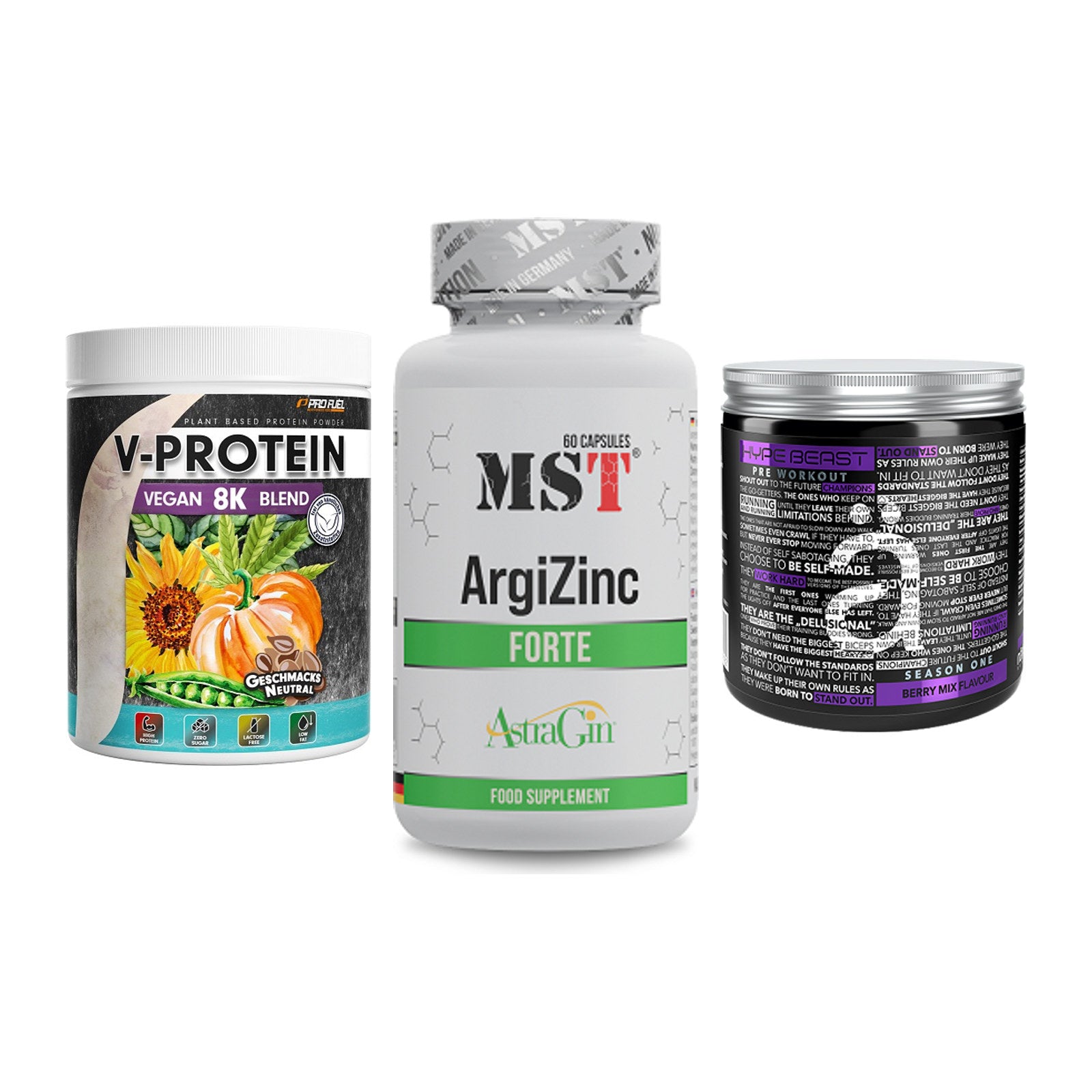 Pflanzliches Set: ProFuel V-Prote + MST ArgiZinc + Nanosupps Hype – alle enthaltenen Artikel