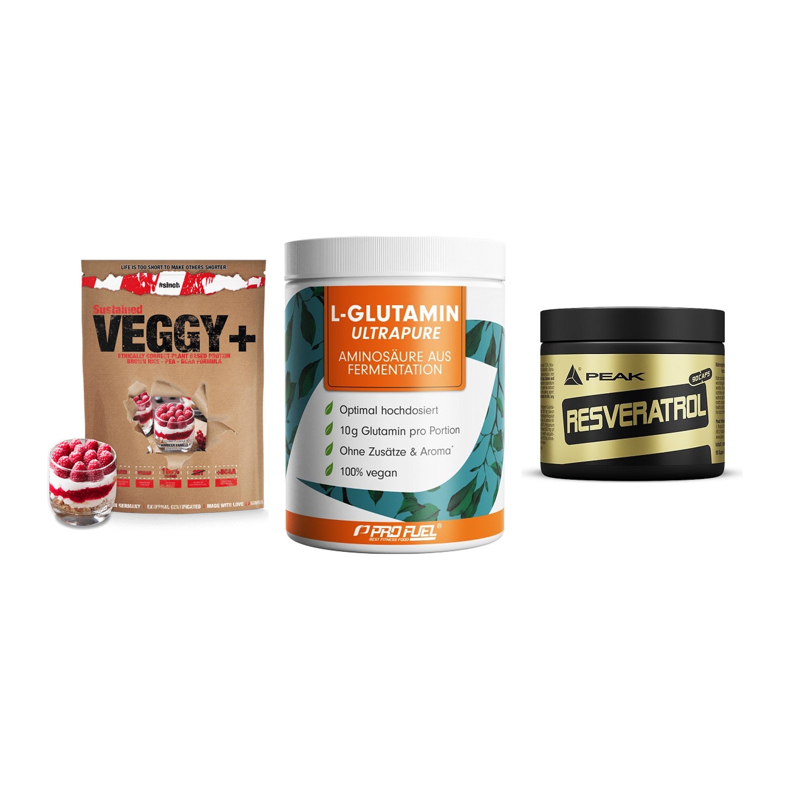 Pflanzliches Set: Sinob VEGGY + ProFuel Glutami + Peak Resveratro – alle enthaltenen Artikel