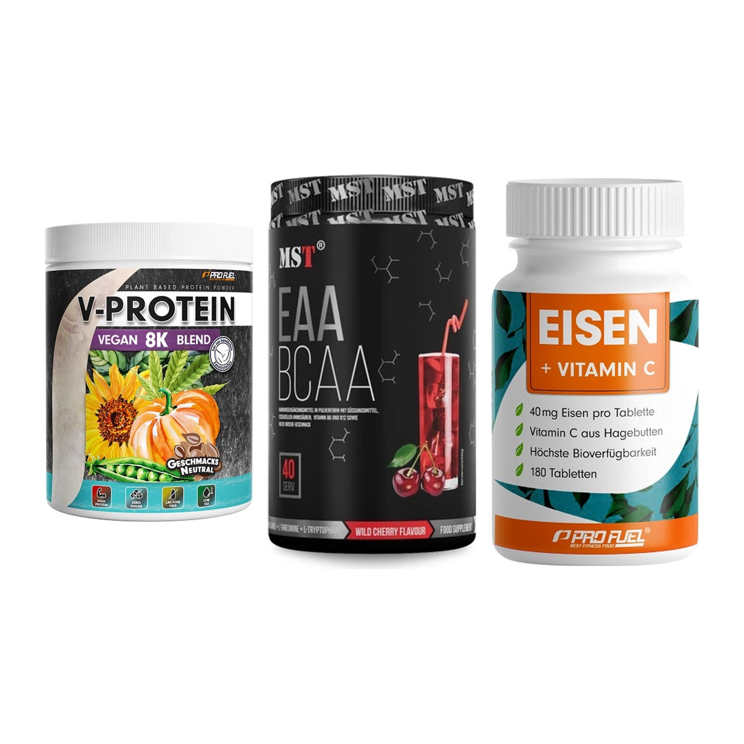 Pflanzliches Set: ProFuel V-Prote + MST EAA & BCAA + ProFuel EISEN – alle enthaltenen Artikel