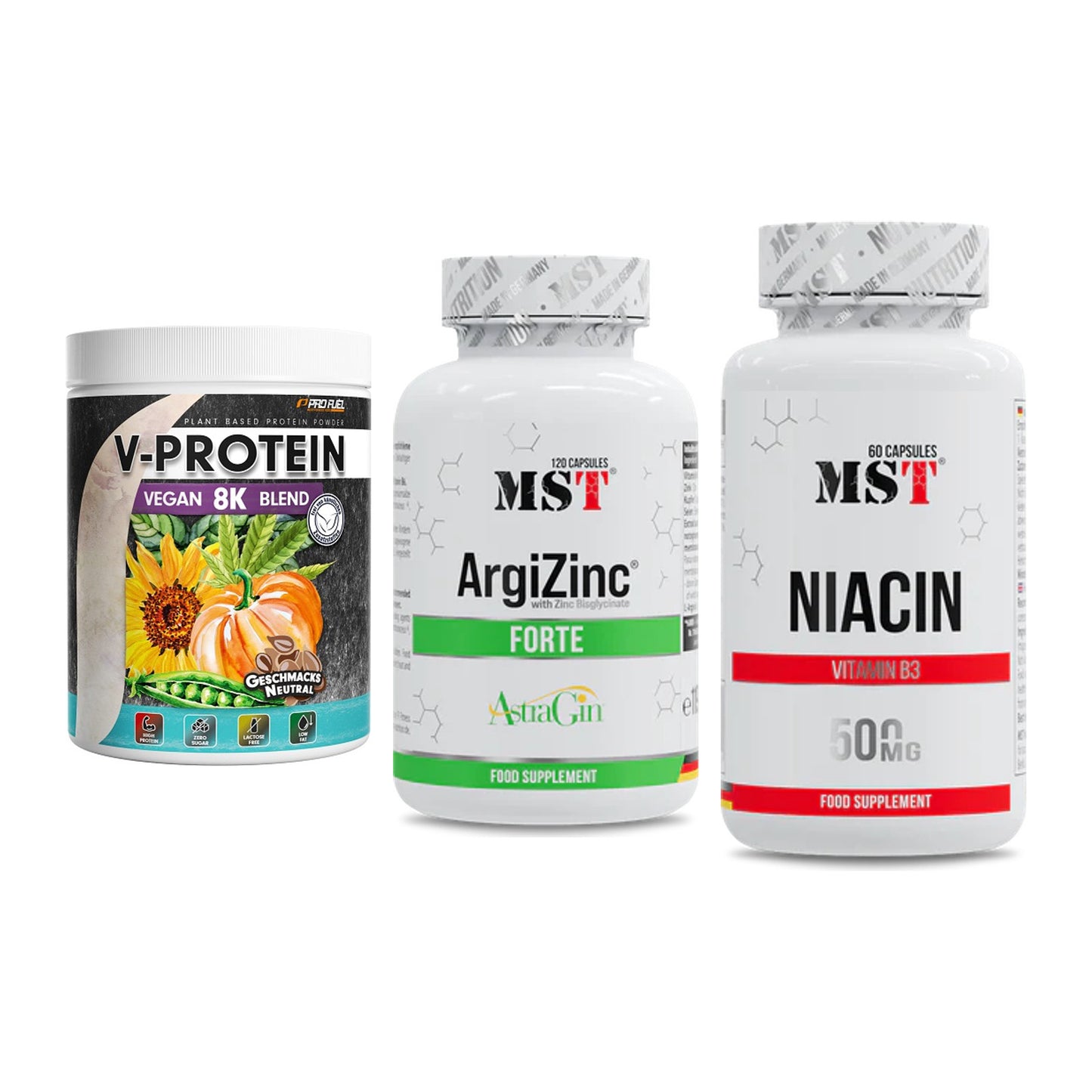 Pflanzliches Set: ProFuel V-Prote + MST ArgiZinc + MST Niacin – alle enthaltenen Artikel