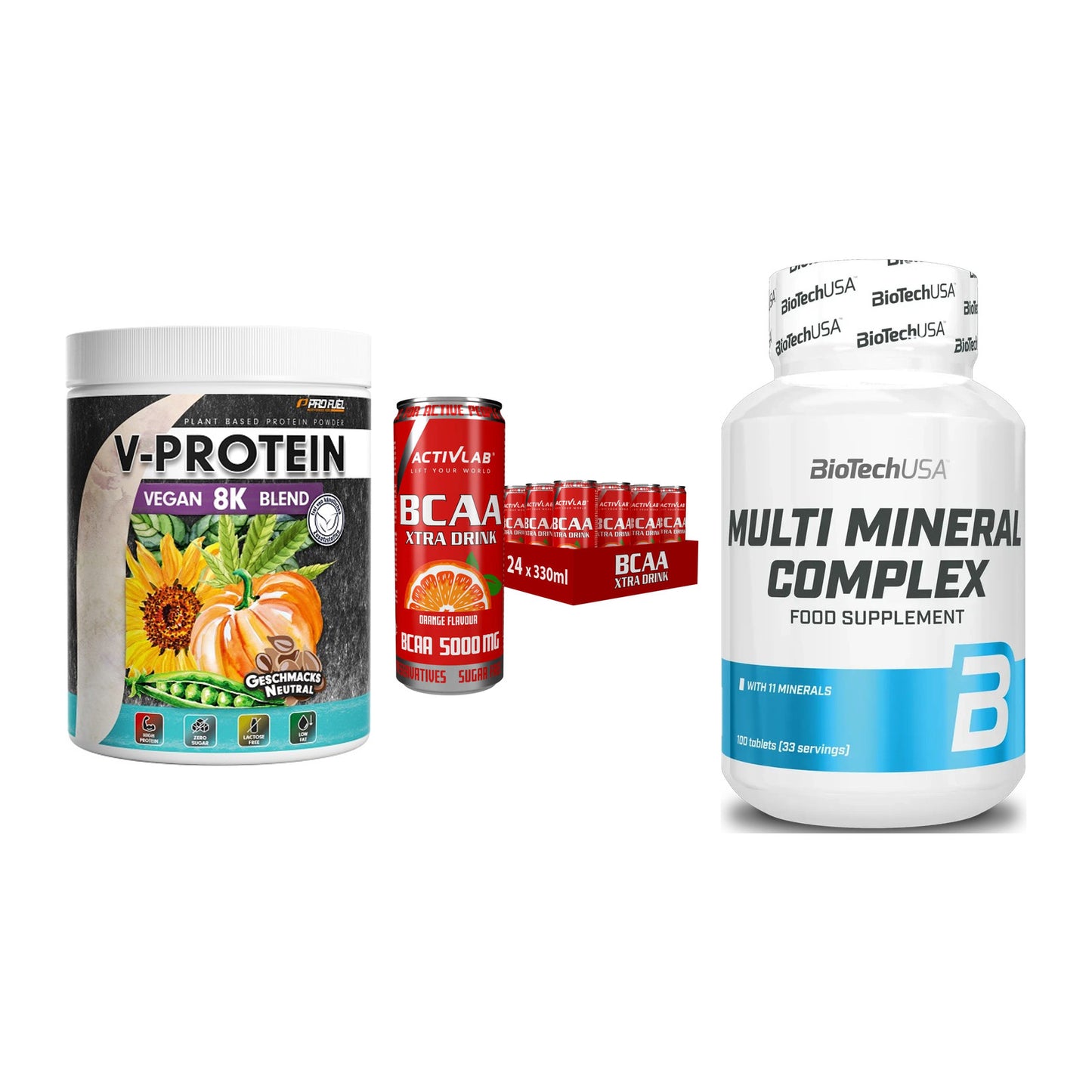 Pflanzliches Set: ProFuel V-Prote + Activlab BCAA + BioTech Multi – alle enthaltenen Artikel