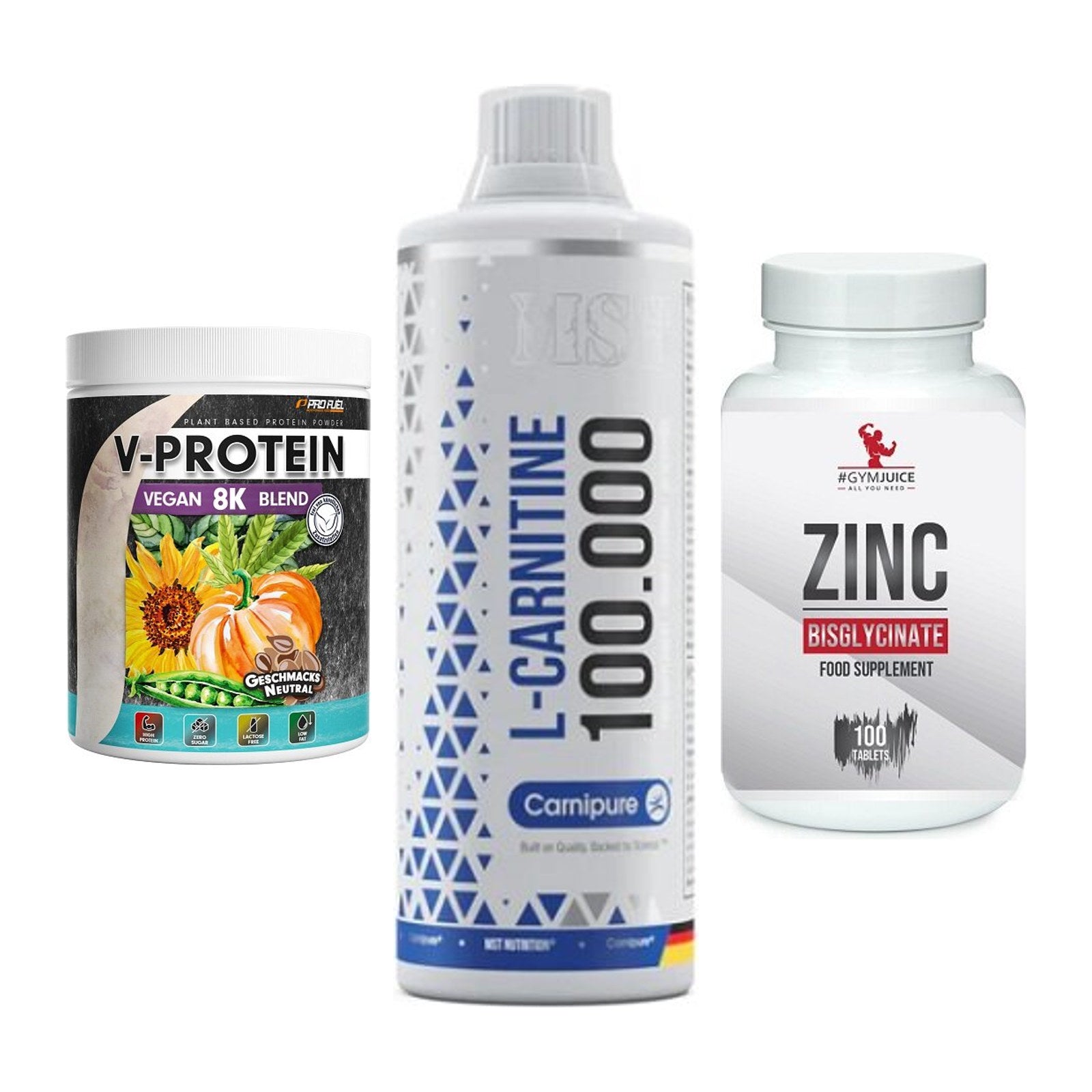 Pflanzliches Set: ProFuel V-Prote + MST L-Carnitine + #GYMJUICE ZINC – alle enthaltenen Artikel