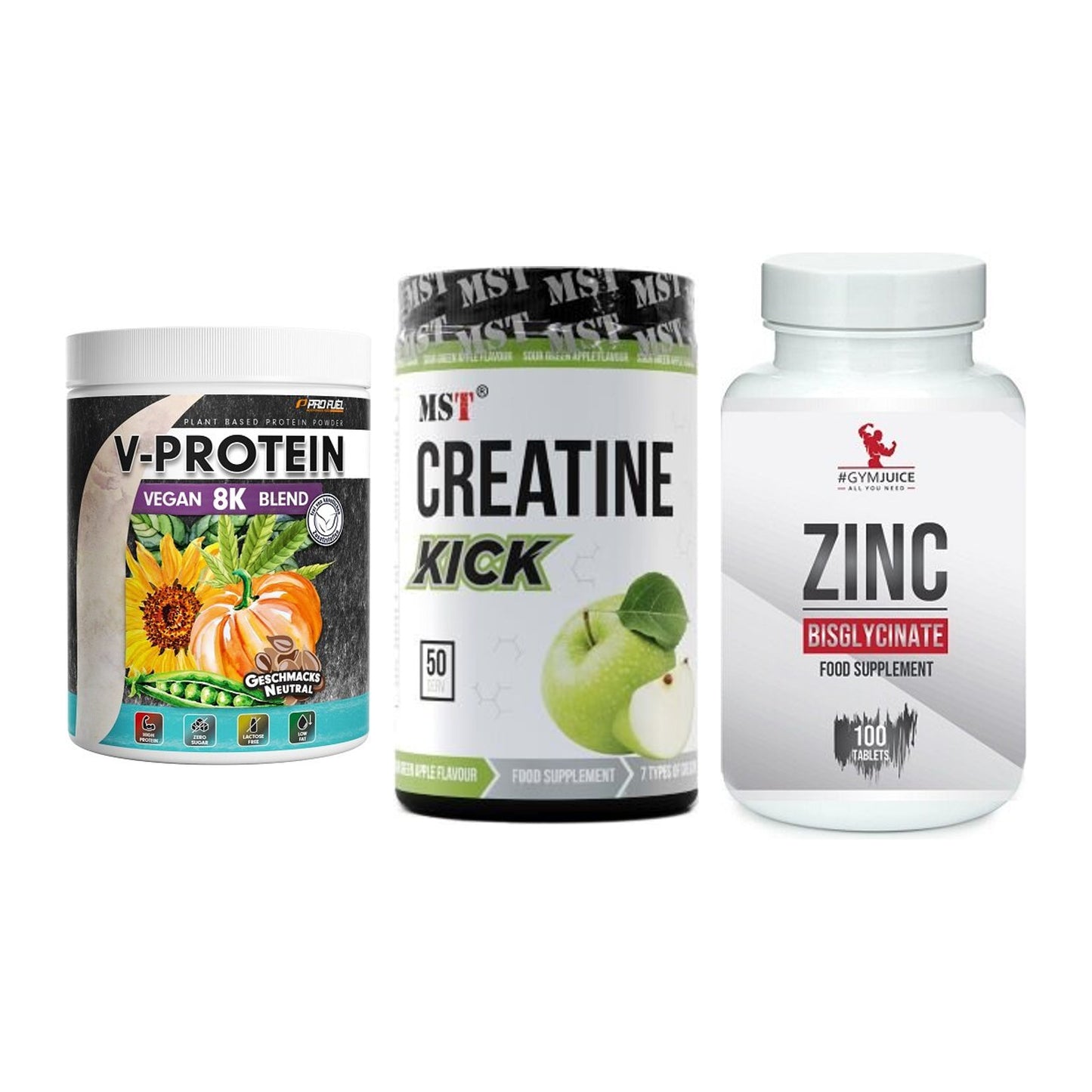 Pflanzliches Set: ProFuel V-Prote + MST Creatine + #GYMJUICE ZINC – alle enthaltenen Artikel