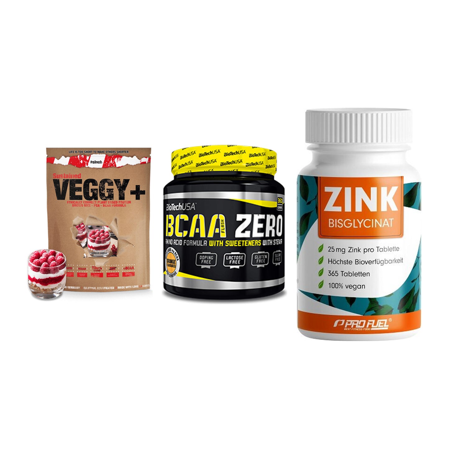 Pflanzliches Set: Sinob VEGGY + BioTech BCAA + ProFuel Zink – alle enthaltenen Artikel