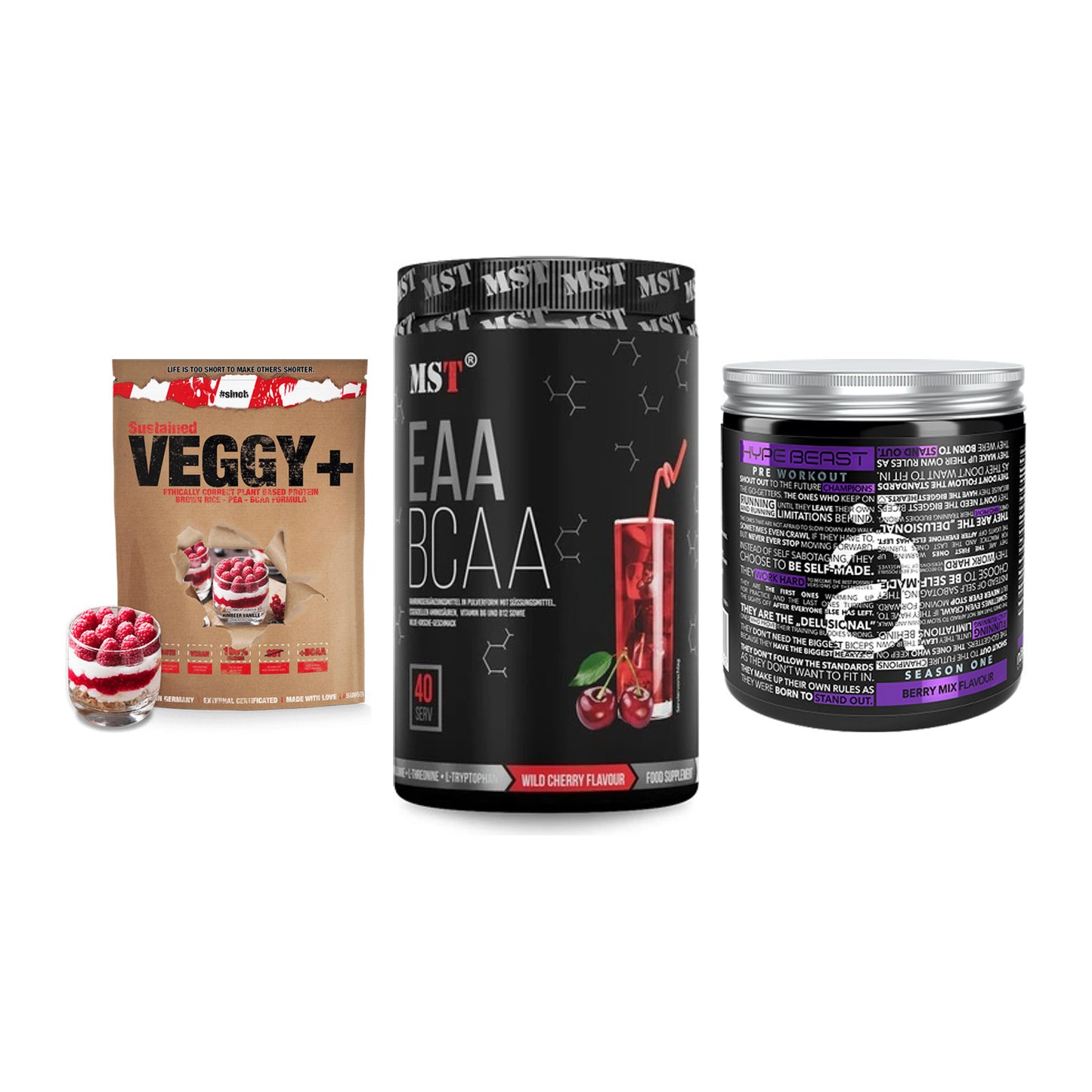 Pflanzliches Set: Sinob VEGGY + MST EAA & BCAA + Nanosupps Hype – alle enthaltenen Artikel
