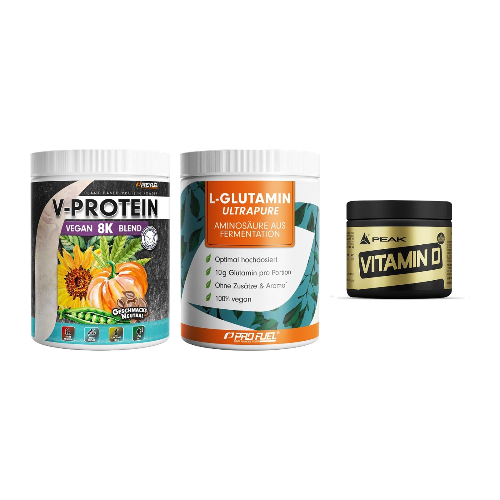 Pflanzliches Set: ProFuel V-Prote + ProFuel Glutami + Peak Vitamin D – alle enthaltenen Artikel