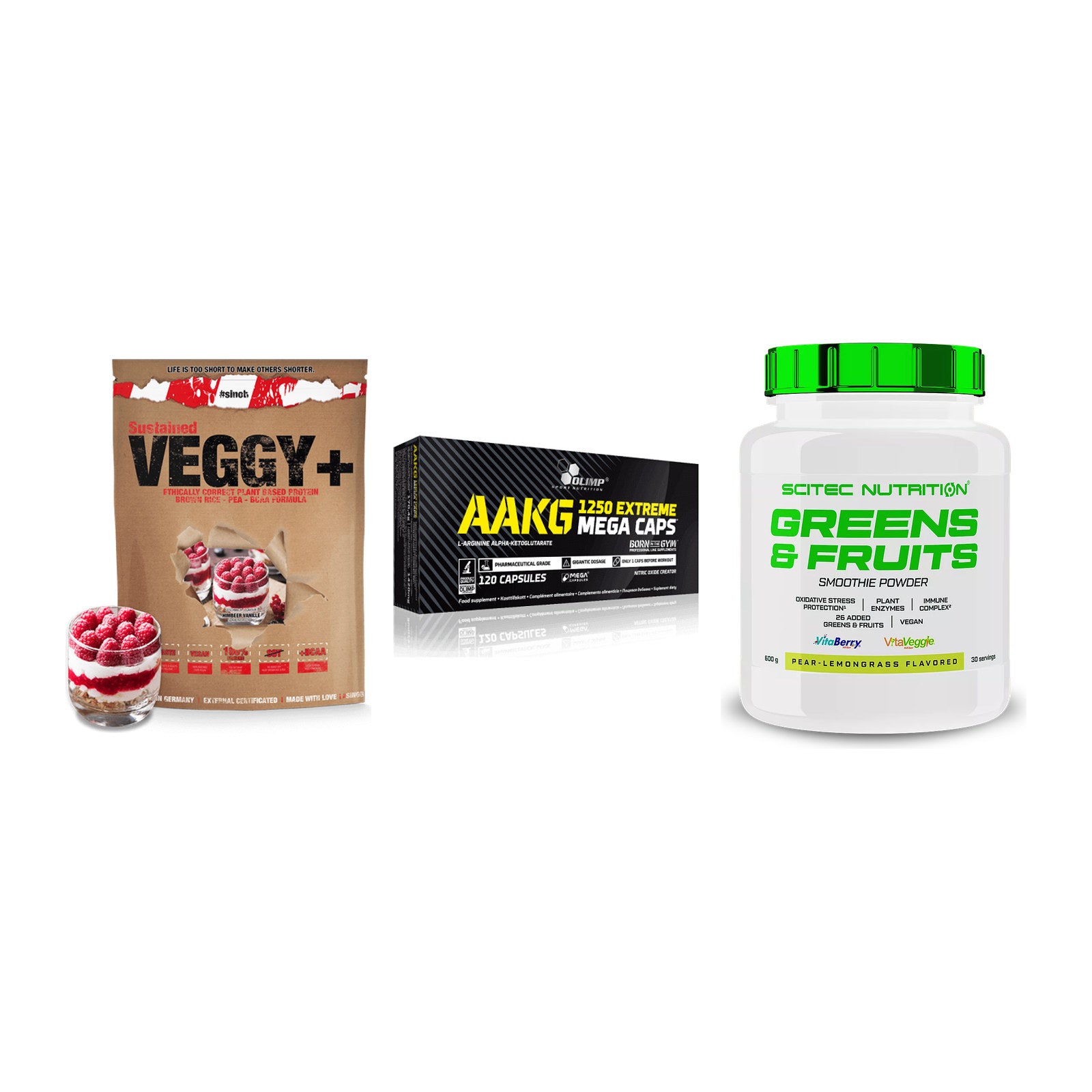 Pflanzliches Set: Sinob VEGGY + Olimp AAKG + Scitec Greens – alle enthaltenen Artikel