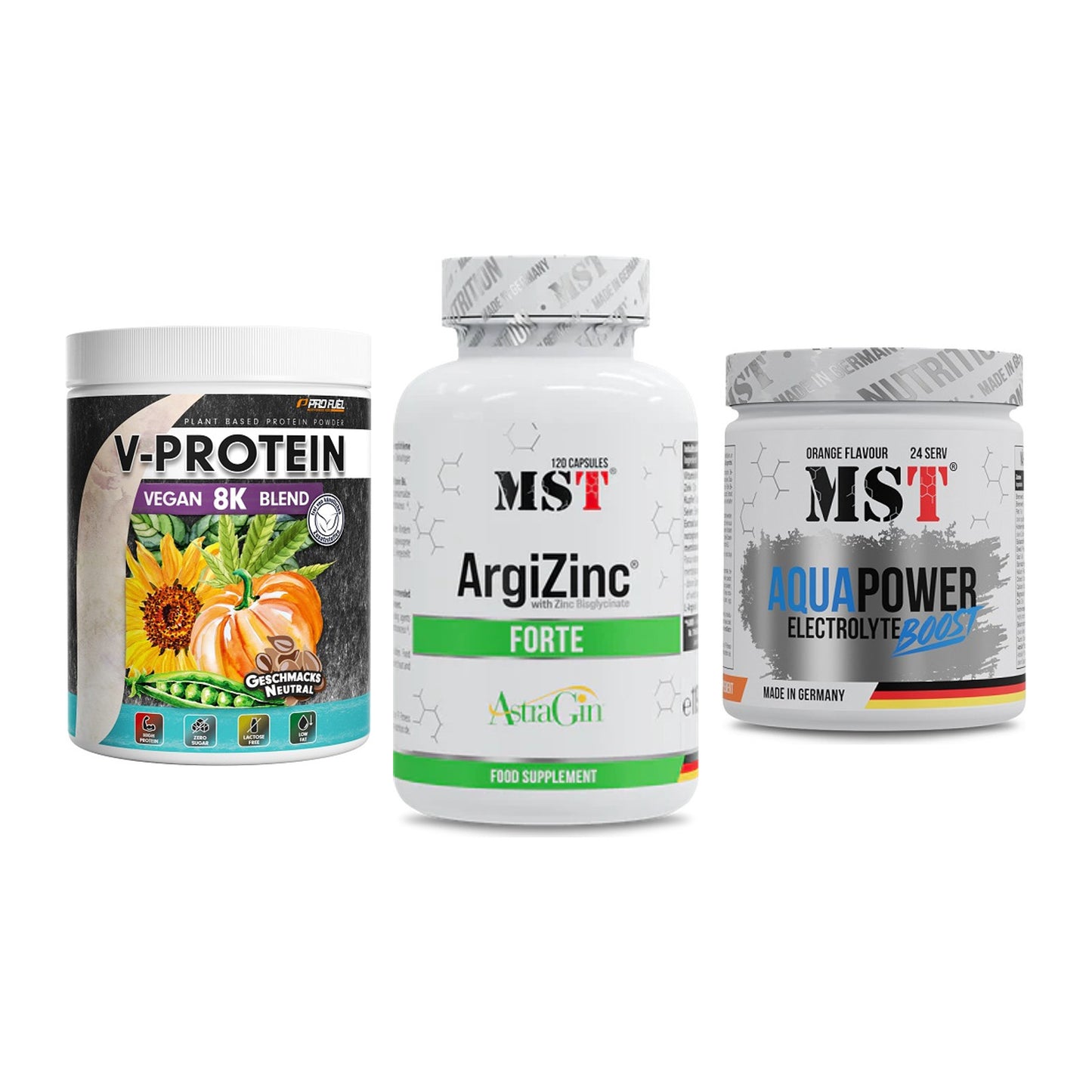 Pflanzliches Set: ProFuel V-Prote + MST ArgiZinc + MST Aqua Power – alle enthaltenen Artikel