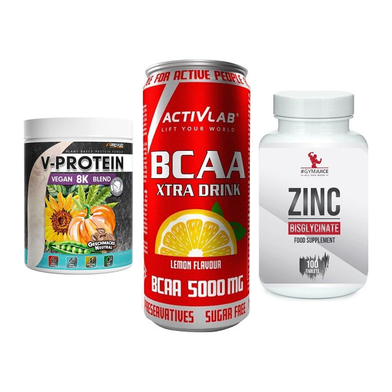 Pflanzliches Set: ProFuel V-Prote + Activlab BCAA + #GYMJUICE ZINC – alle enthaltenen Artikel