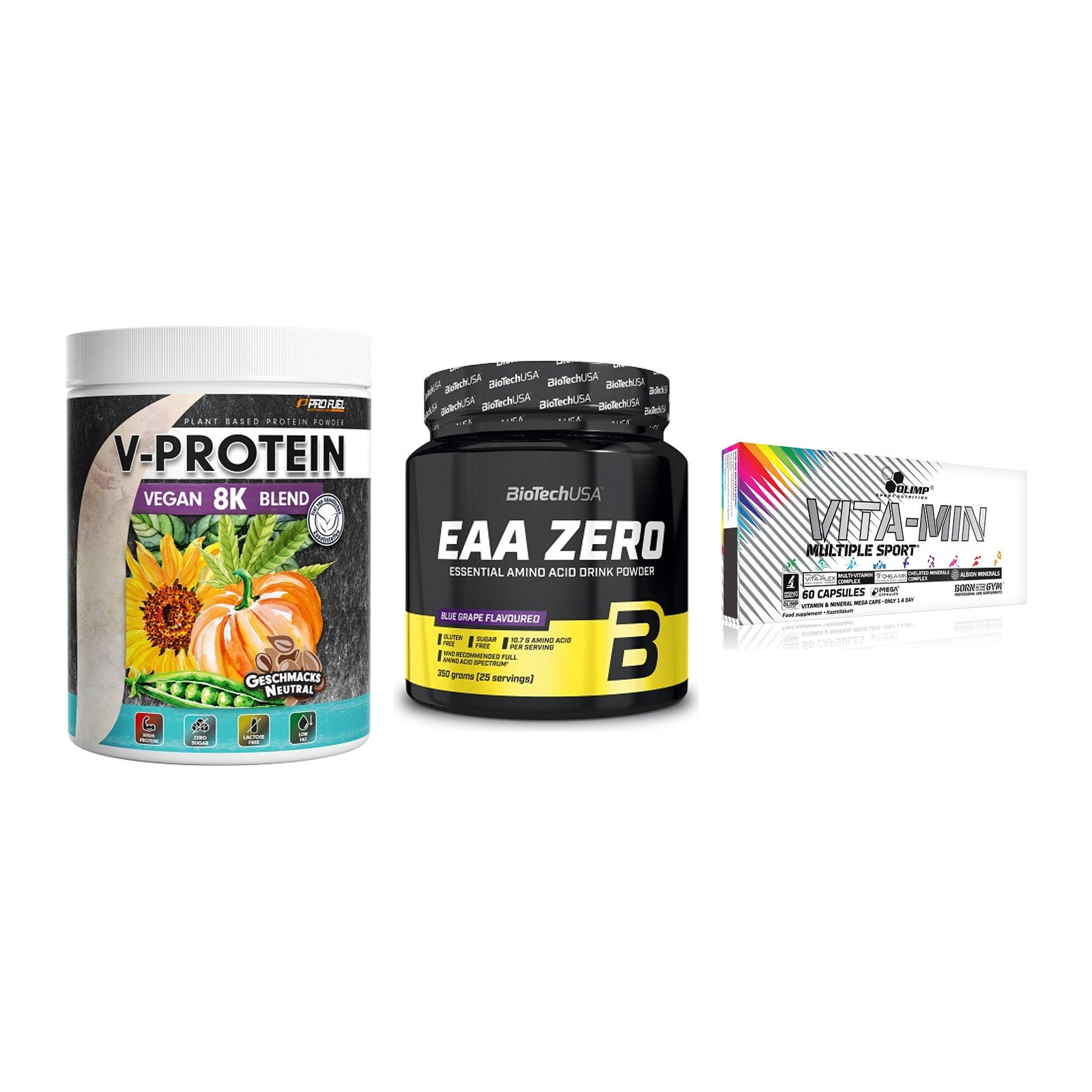Pflanzliches Set: ProFuel V-Prote + BioTech EAA + Olimp Vita-Min – alle enthaltenen Artikel