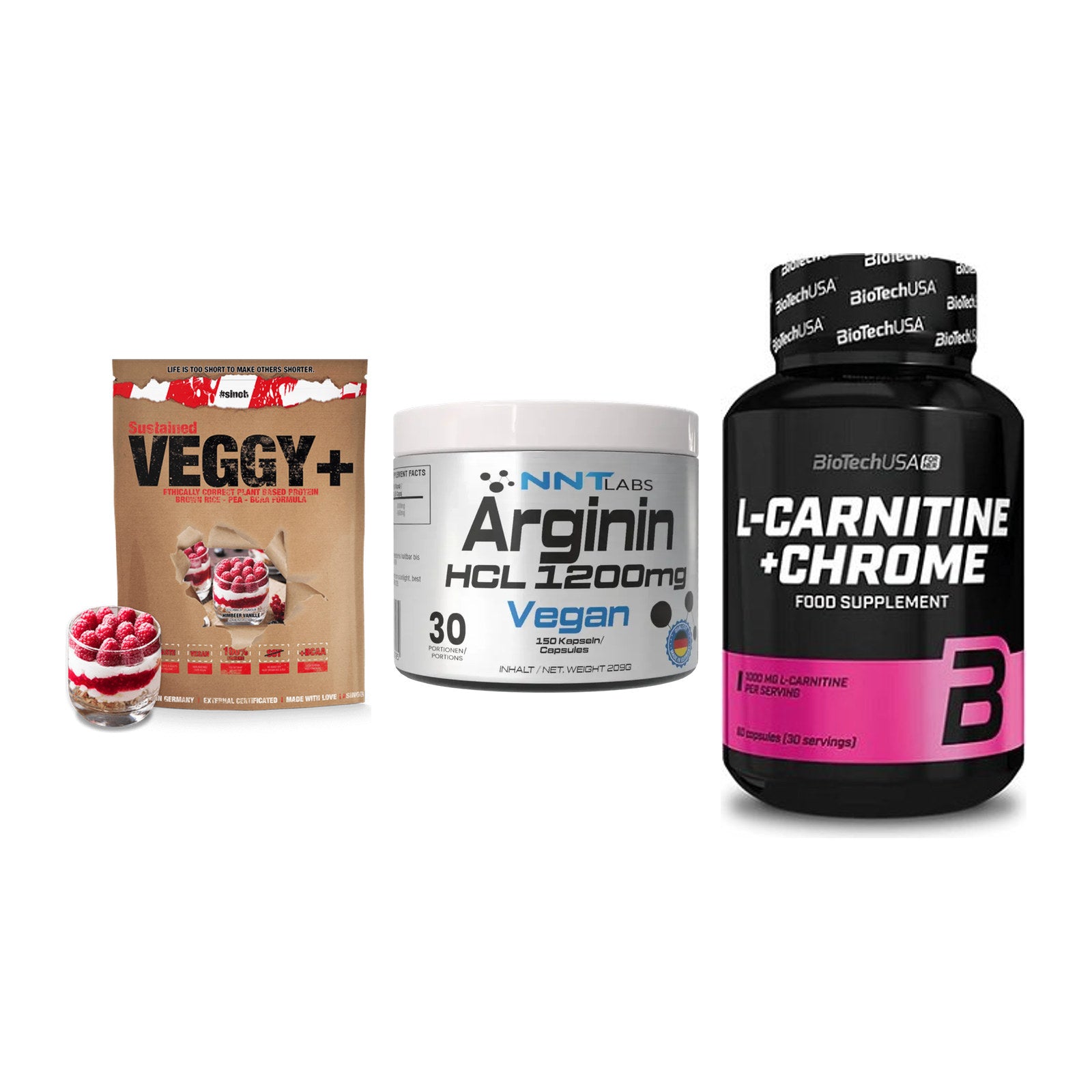 Pflanzliches Set: Sinob VEGGY + NNT Arginin HCL + BioTech L-Carni – alle enthaltenen Artikel