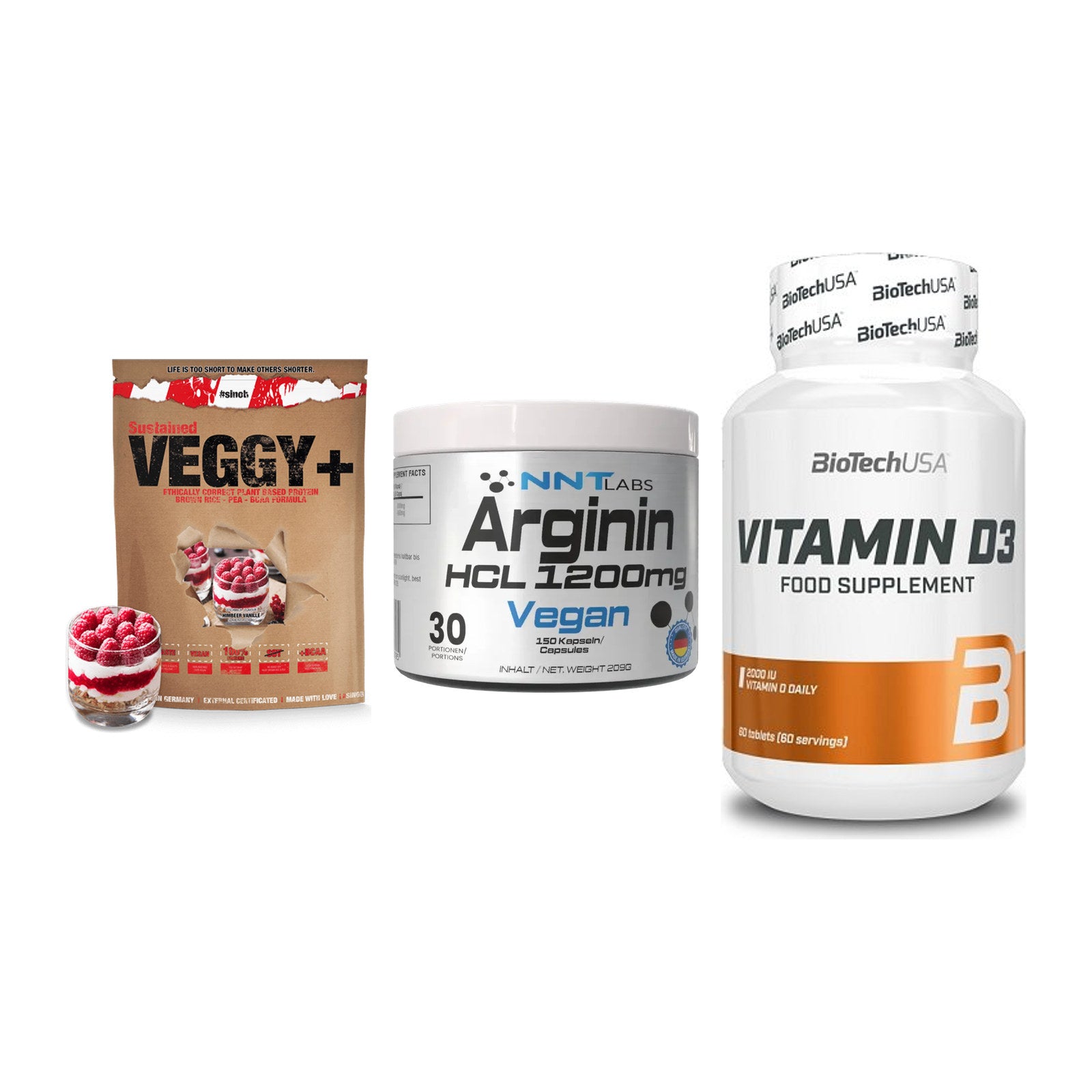 Pflanzliches Set: Sinob VEGGY + NNT Arginin HCL + BioTech Vitamin – alle enthaltenen Artikel