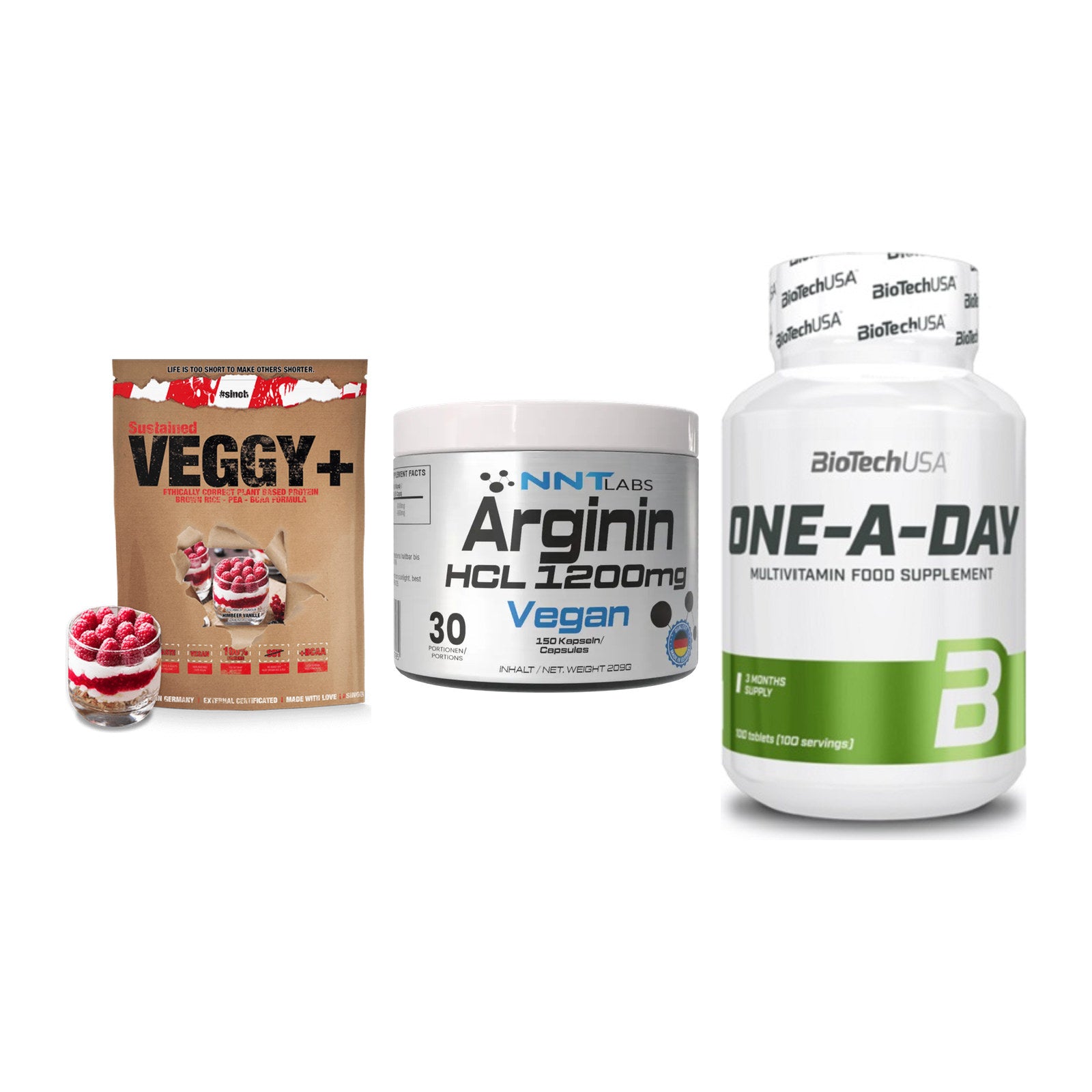 Pflanzliches Set: Sinob VEGGY + NNT Arginin HCL + BioTech One A – alle enthaltenen Artikel