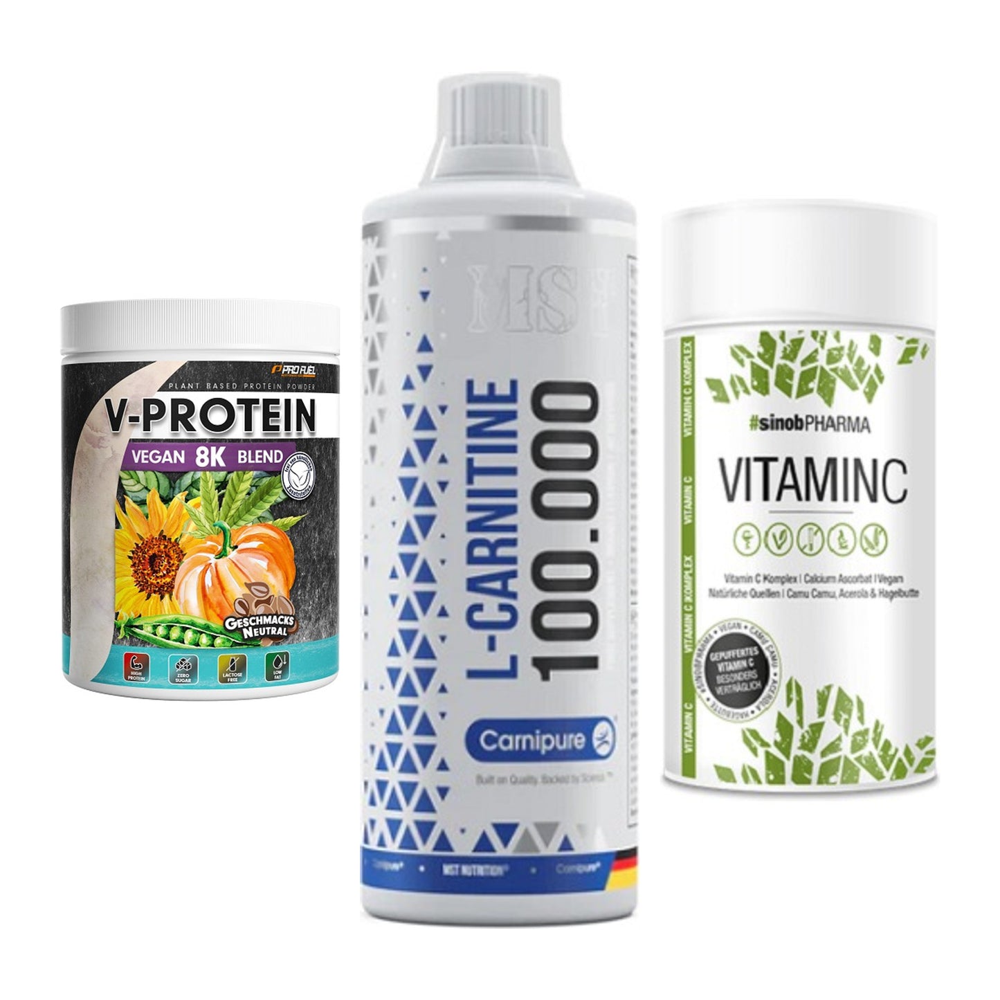 Pflanzliches Set: ProFuel V-Prote + MST L-Carnitine + Sinob Vitamin C – alle enthaltenen Artikel