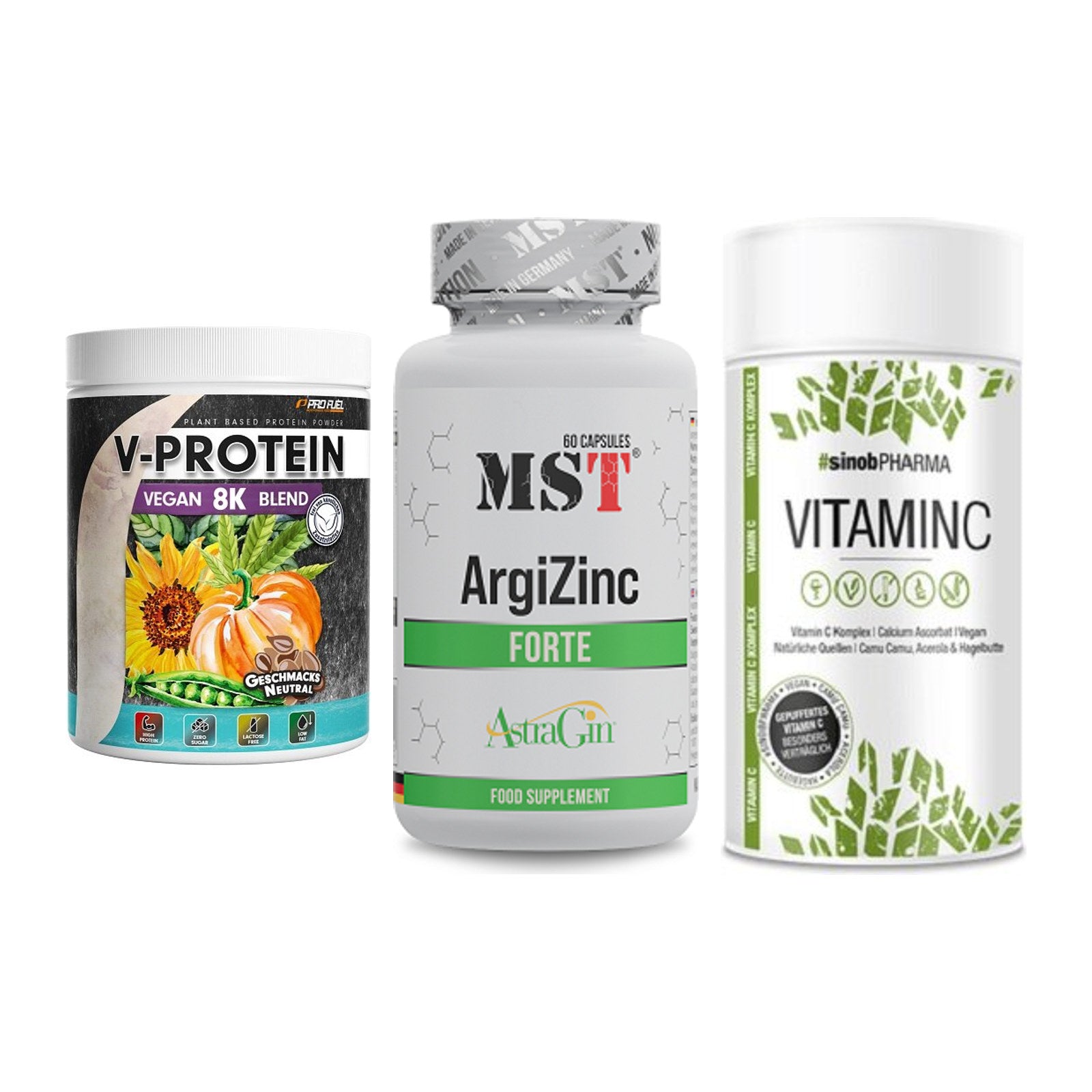 Pflanzliches Set: ProFuel V-Prote + MST ArgiZinc + Sinob Vitamin C – alle enthaltenen Artikel