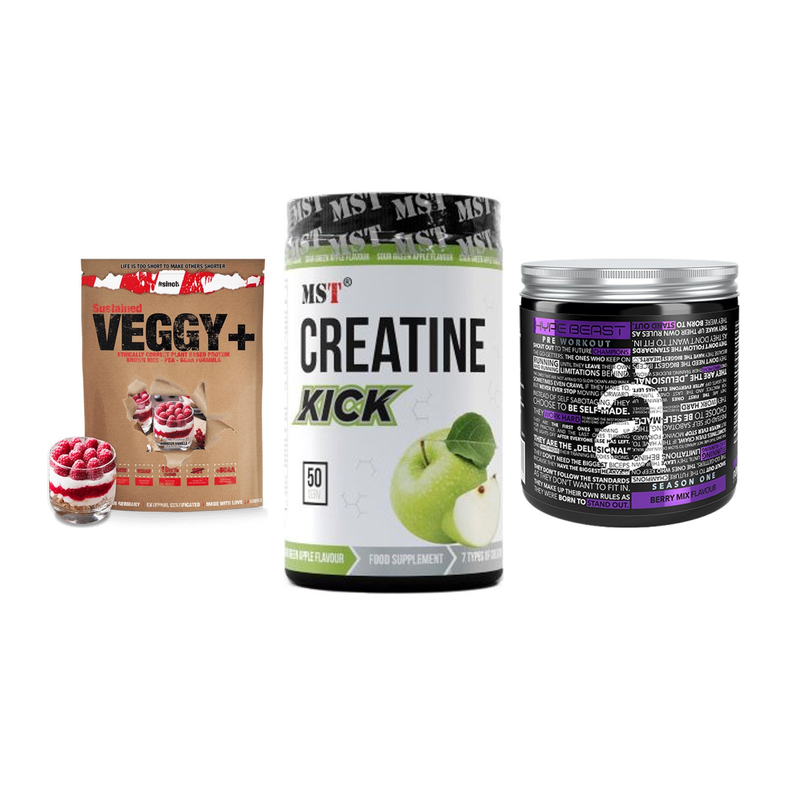 Pflanzliches Set: Sinob VEGGY + MST Creatine + Nanosupps Hype – alle enthaltenen Artikel