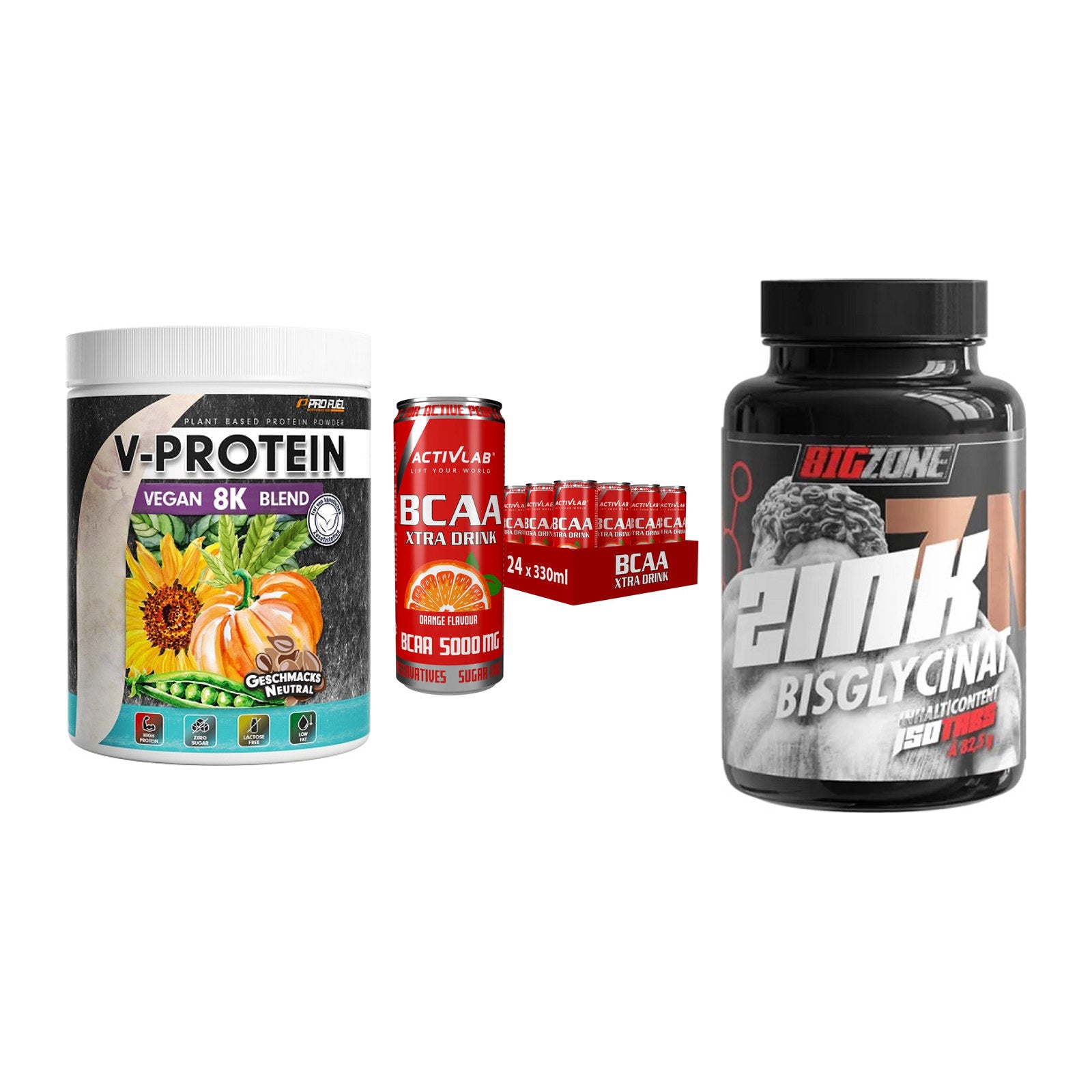 Pflanzliches Set: ProFuel V-Prote + Activlab BCAA + Big Zone Zink – alle enthaltenen Artikel