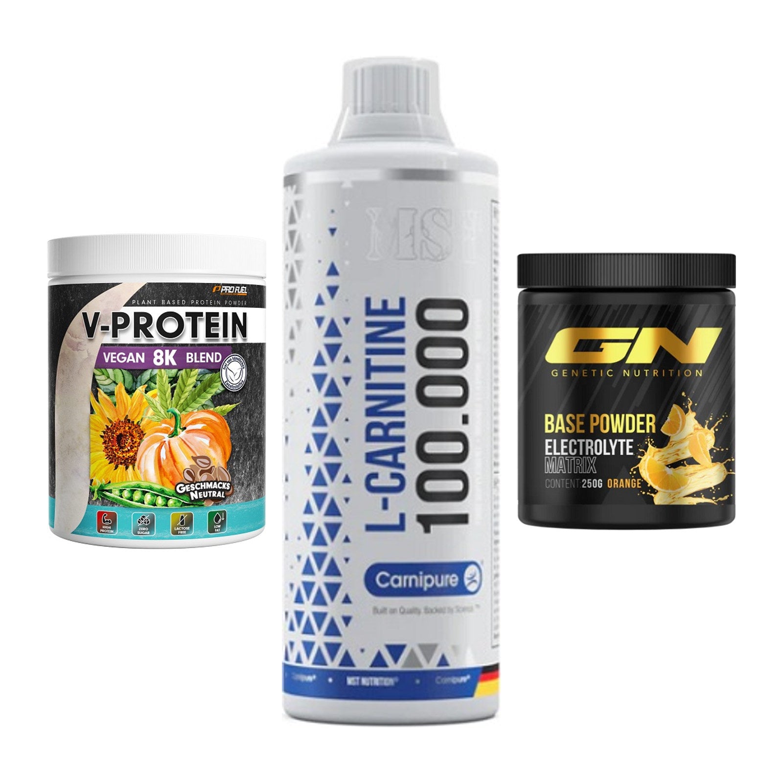Pflanzliches Set: ProFuel V-Prote + MST L-Carnitine + GN Base Powder – alle enthaltenen Artikel